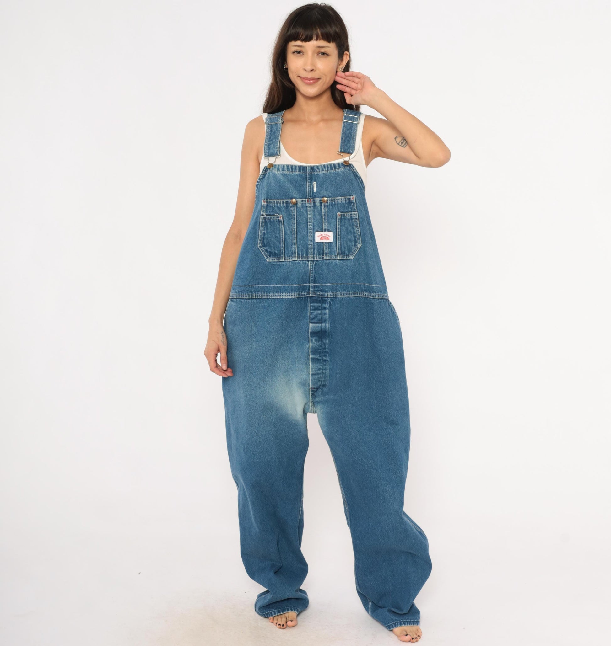 Y2K Roundhouse Denim Bib Overalls Medium Wash Blue Cotton Carpenter 50x30