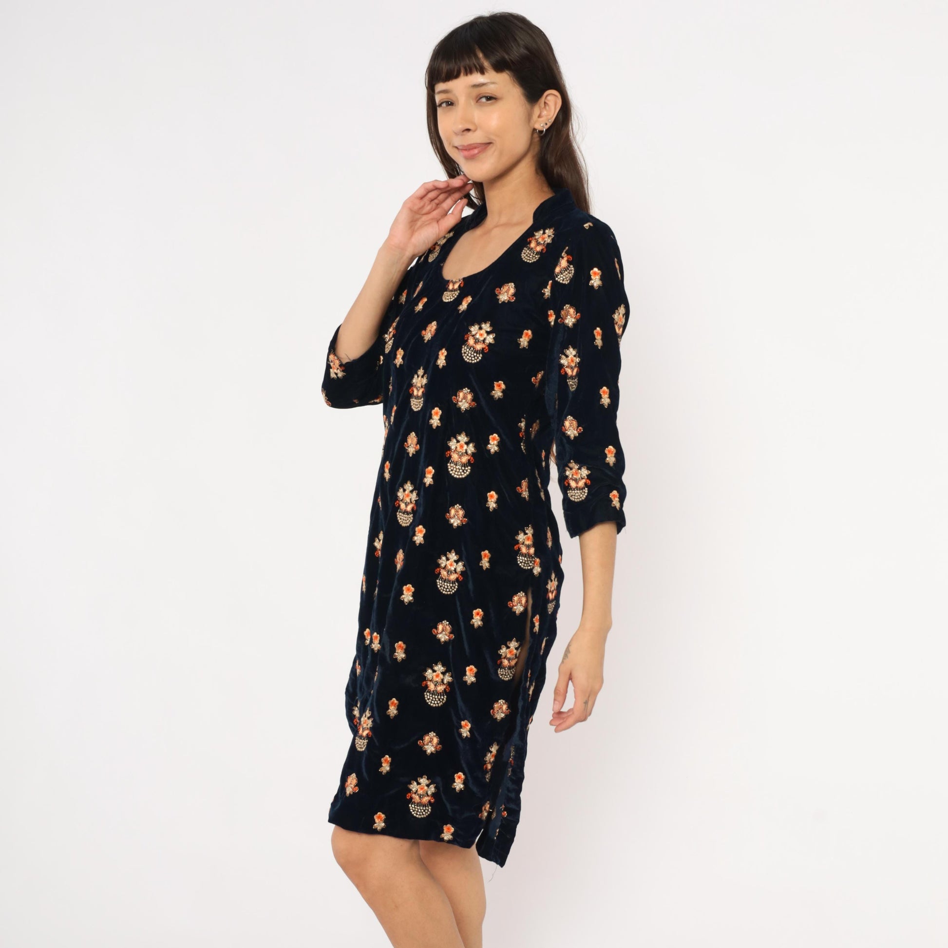 90s Navy Velvet Shift Dress Embroidered Floral Beaded Gold Orange Medium