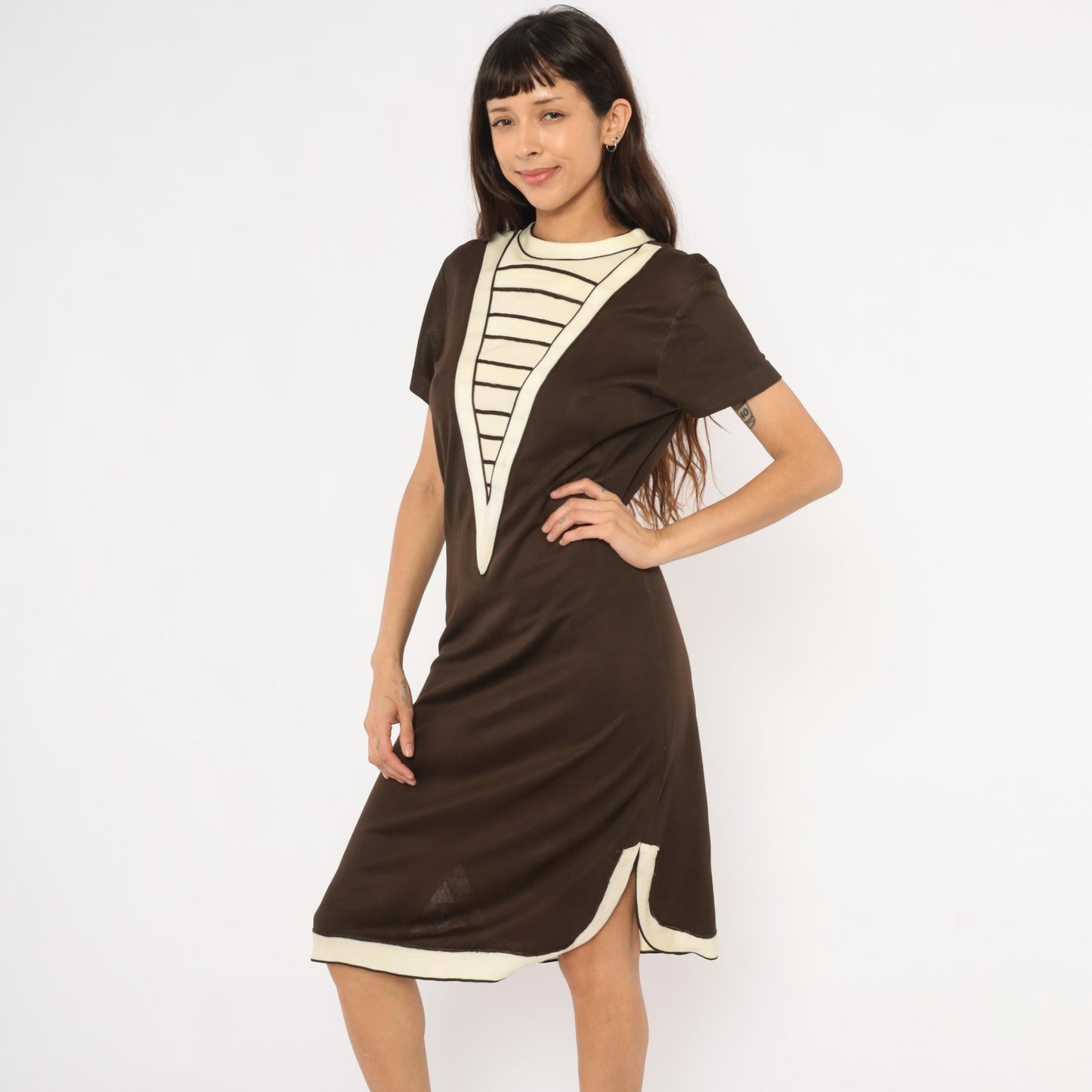 60s Mod Shift Dress Brown Cream Striped V Panel Short Sleeve Large L