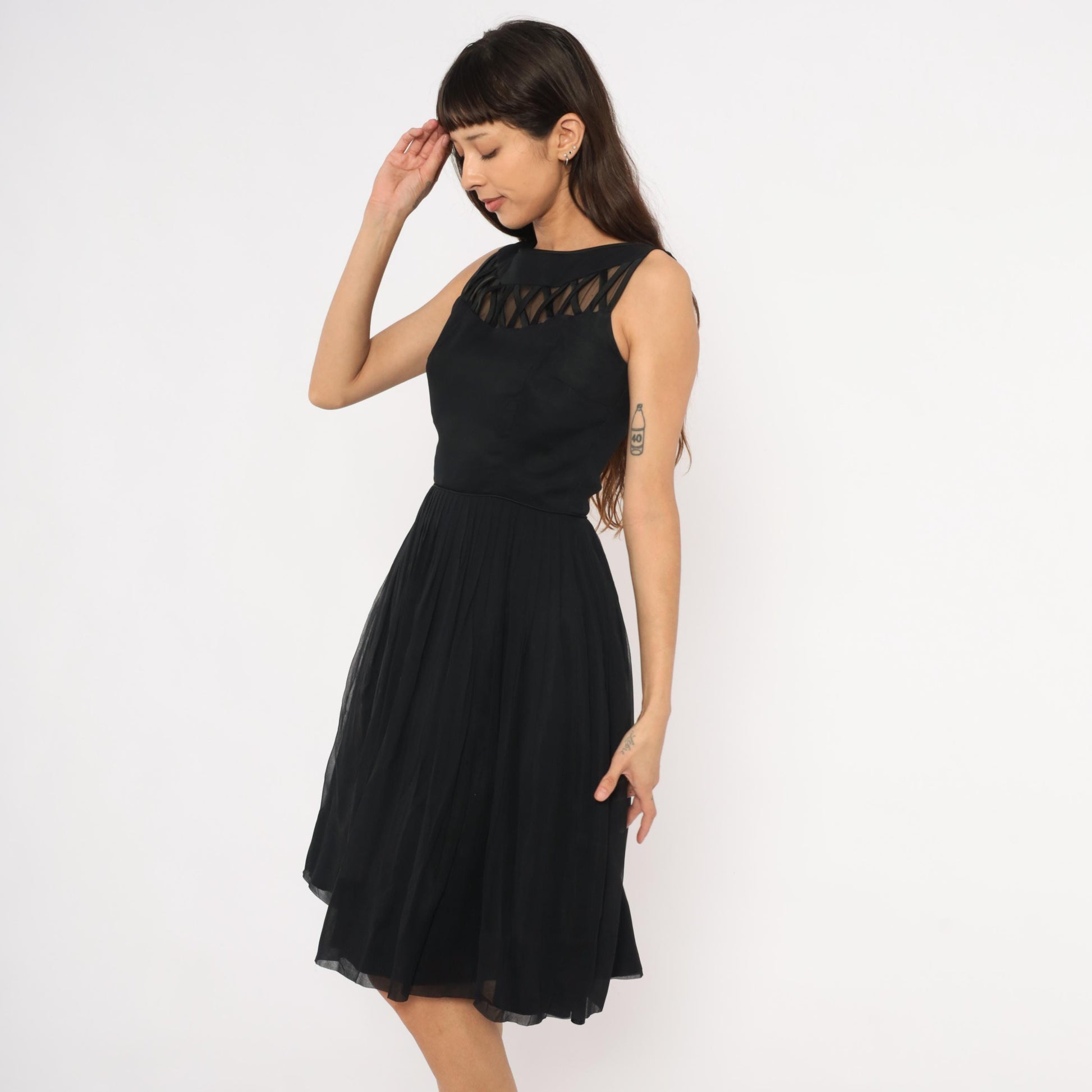 60s Black Chiffon Cocktail Dress Lattice Cutout Boat Neck Small