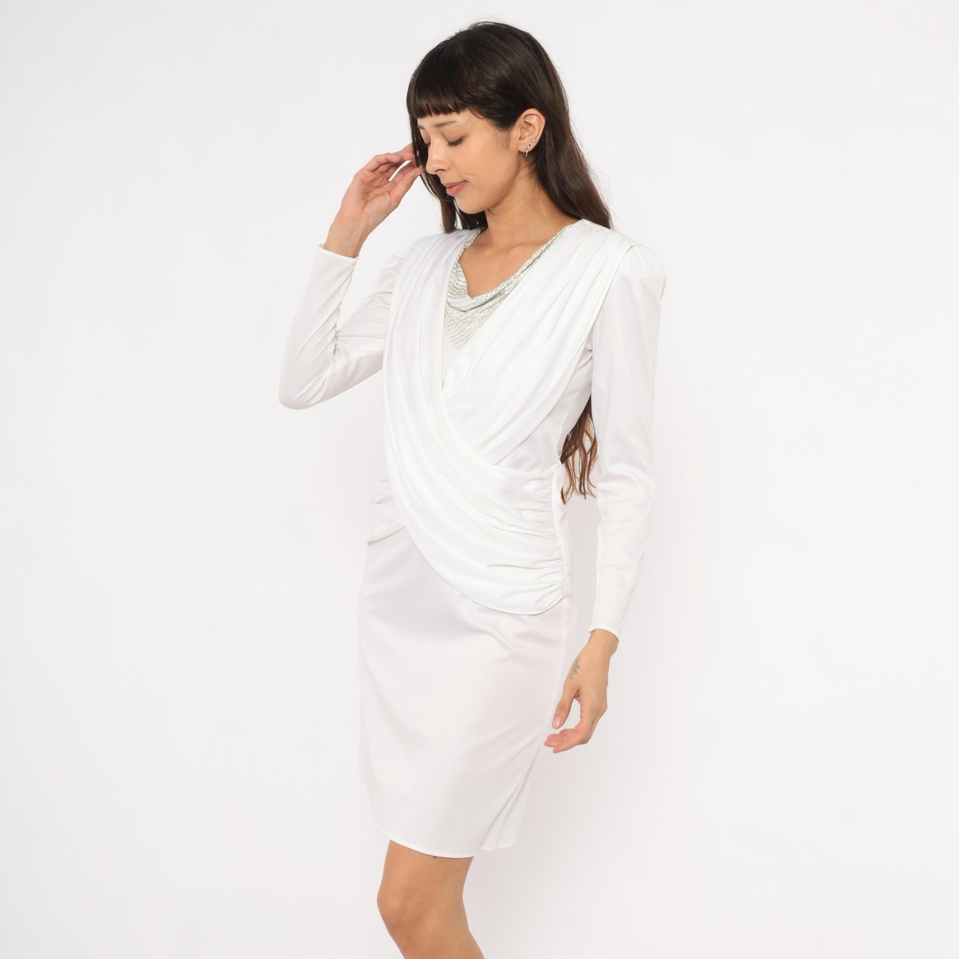 80s White Draped Crossover Dress Silver Beaded Neckline Ruched Bodice Small S