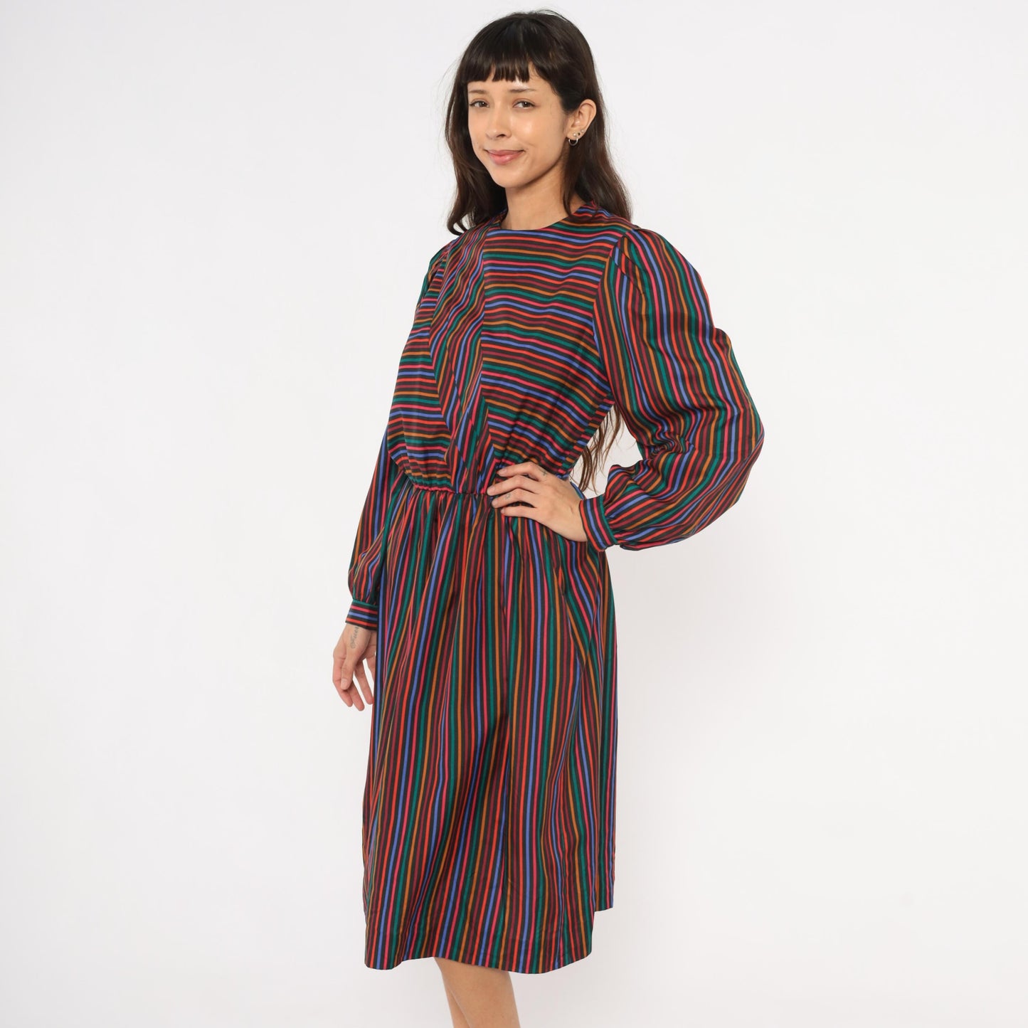 80s DW3 Multicolor Chevron Stripe Dress Puff Sleeve Gathered Waist Large