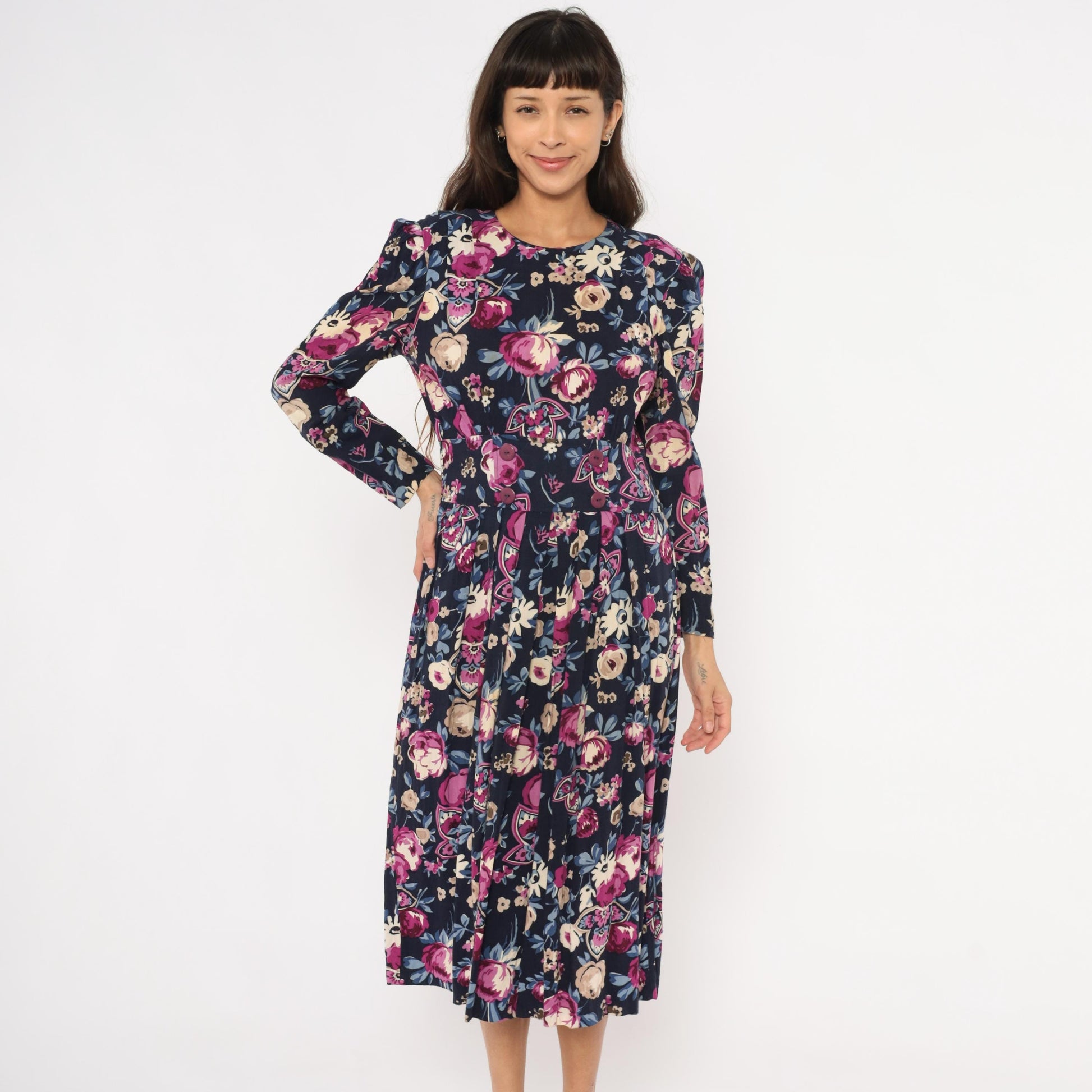 80s Karin Stevens Floral Midi Dress Navy Puff Sleeve Pleated Medium M