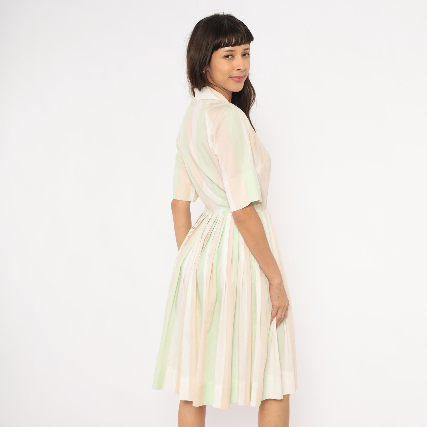60s Pastel Striped Shirtdress Mint Green Pink Button Front Knee Length Medium