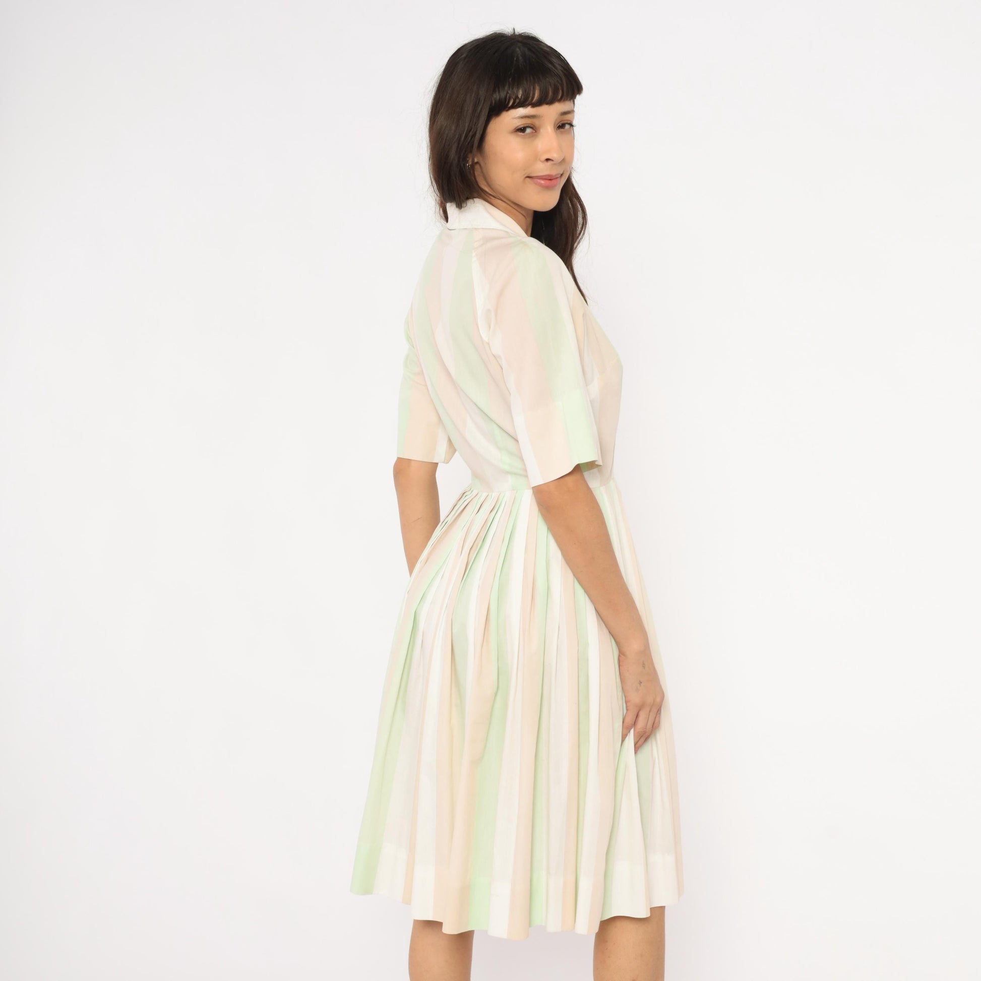 60s Pastel Striped Shirtdress Mint Green Pink Button Front Knee Length Medium