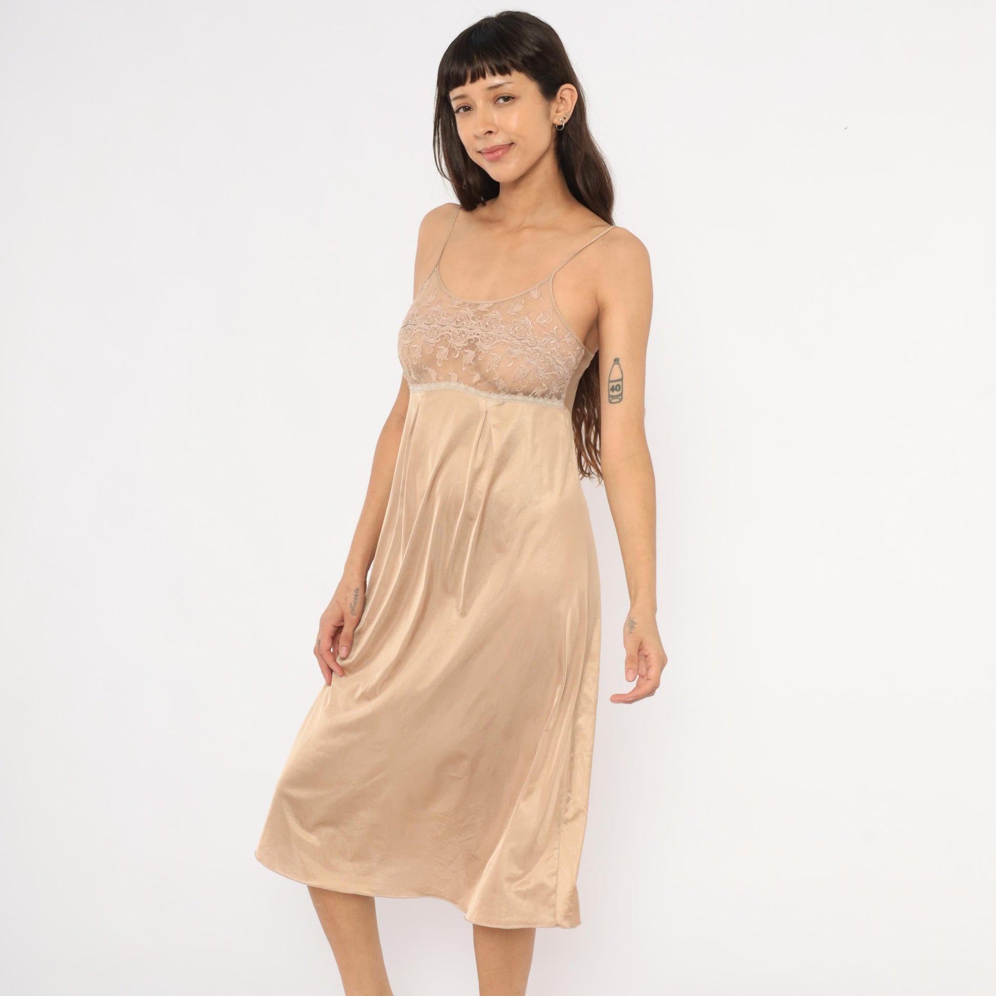 80s Bonny Nude Lace Slip Dress Champagne Satin Midi Empire Waist Small