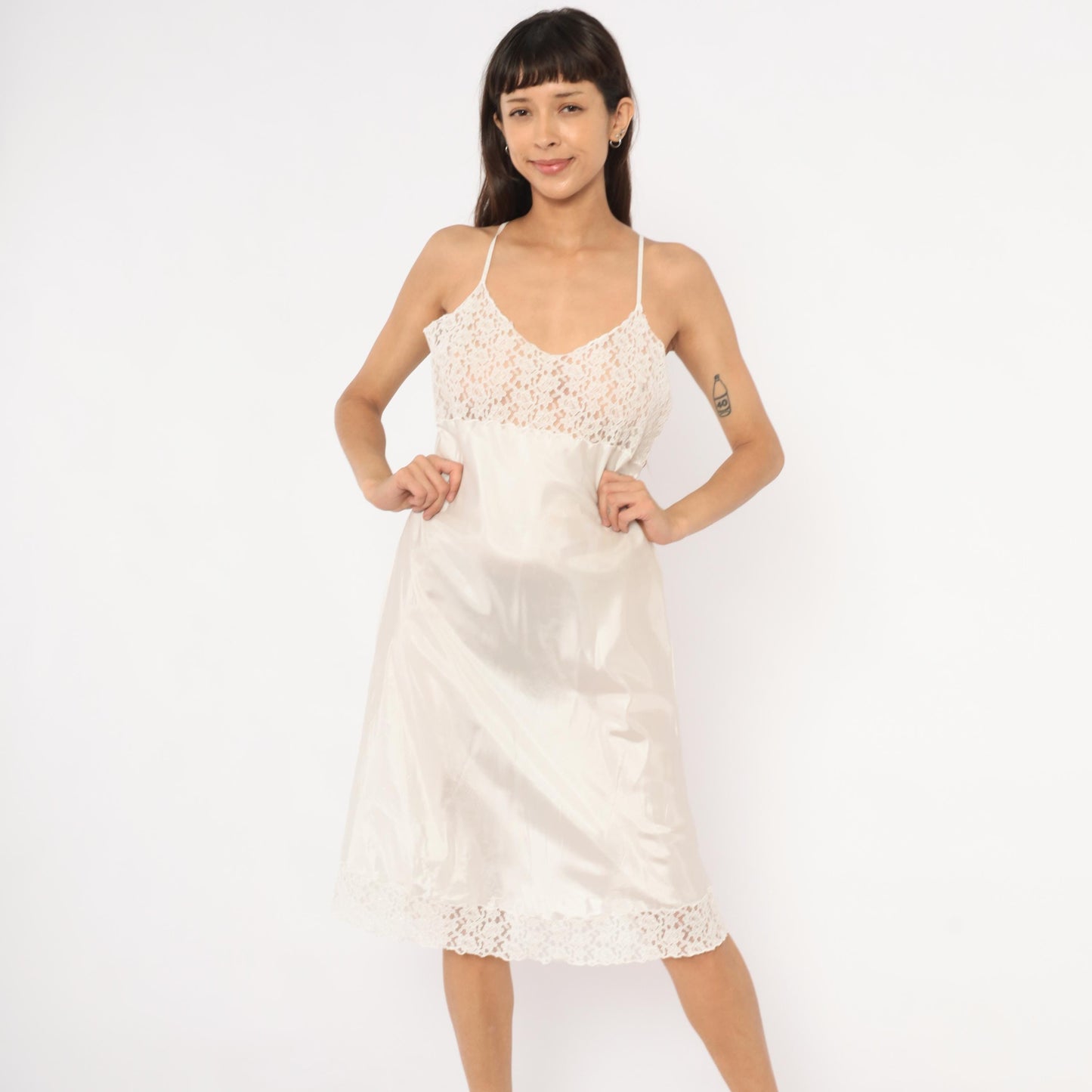 2000s April Cornell White Satin Slip Dress Floral Lace Bodice Knee Length Large L