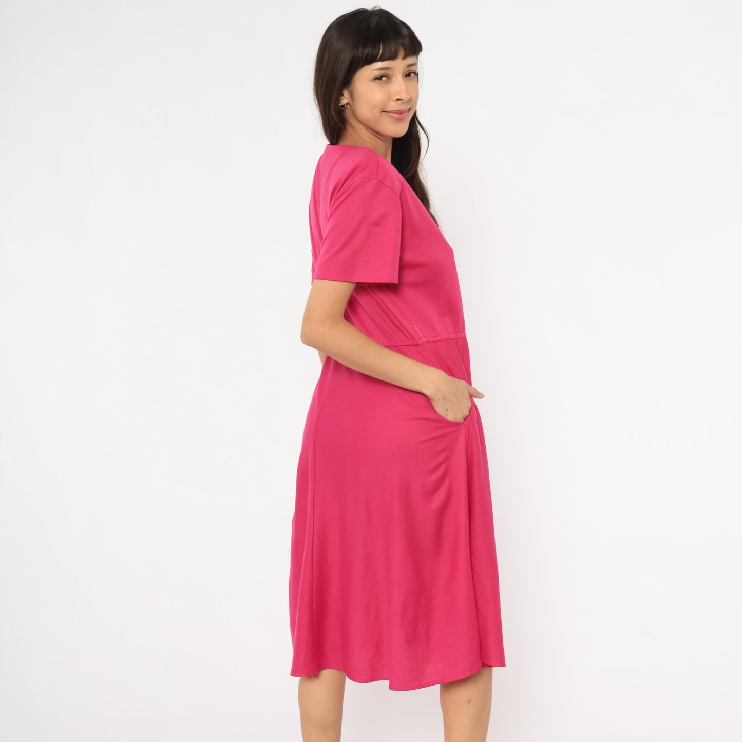 80s Fuchsia Button-Front Midi Dress Gold Buttons Gathered Waist Small