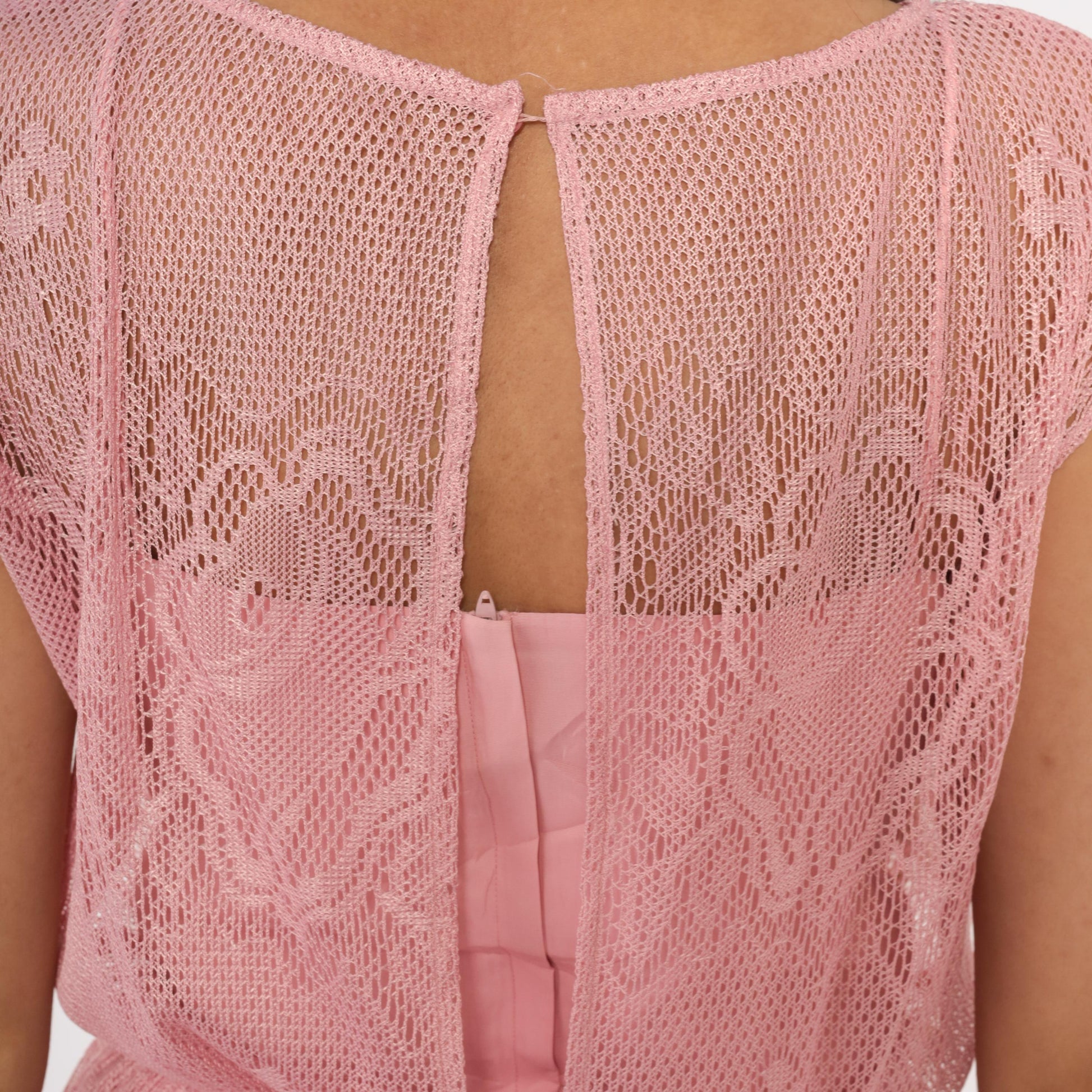 80s Rose Pink Lace Midi Dress Cap Sleeve Scalloped Hem Small S