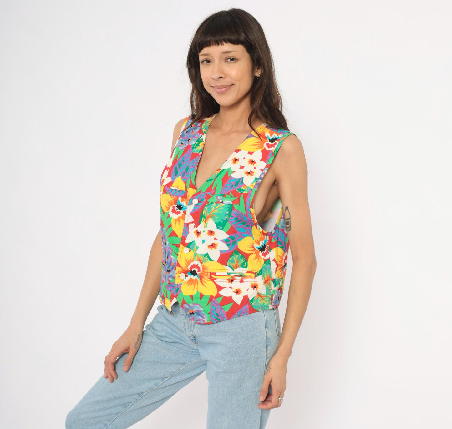 90s Lizwear Tropical Floral Vest Red Hibiscus Button Front V-Neck Medium M