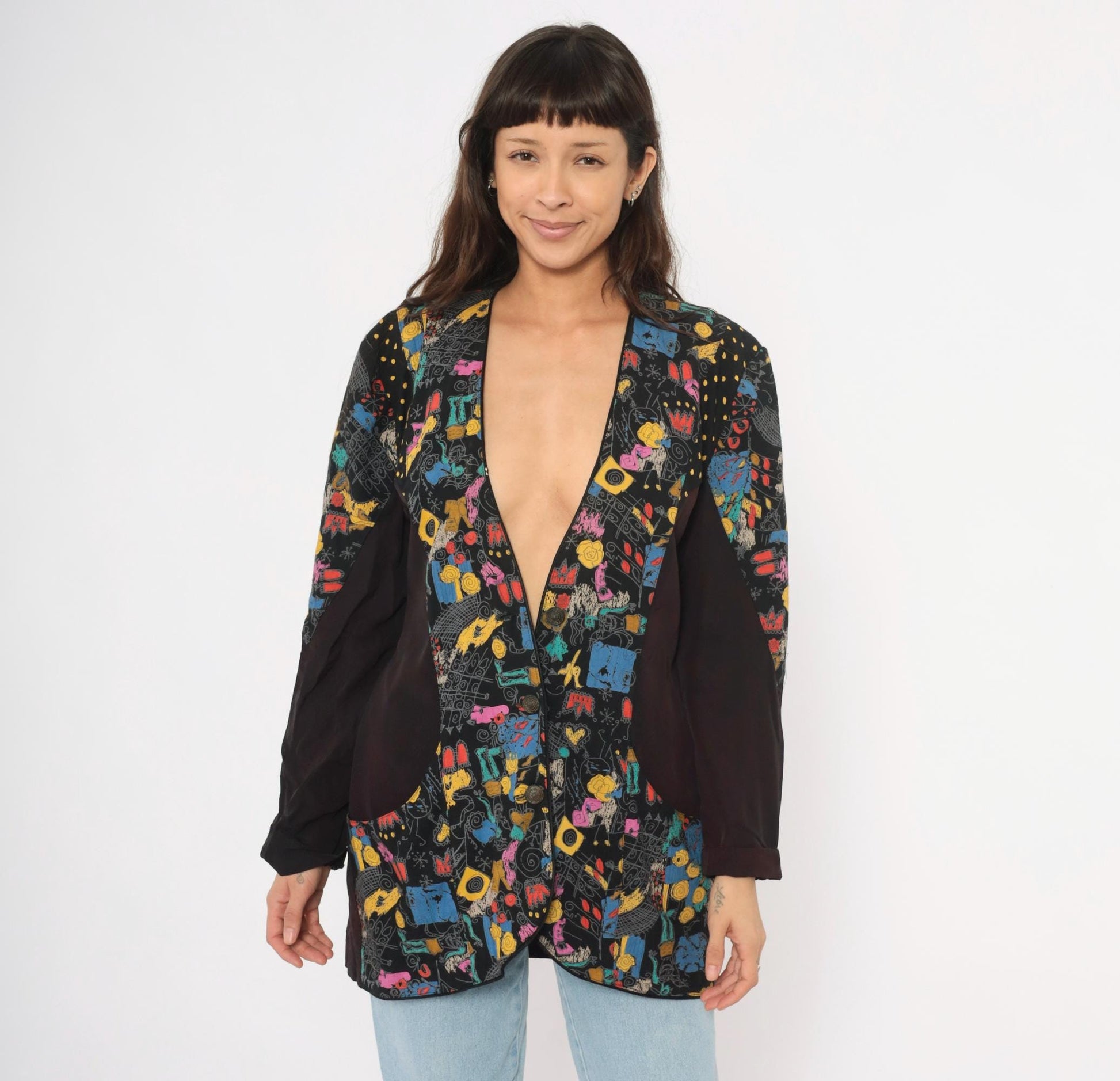 90s Choon Abstract Graffiti Blazer Deep V Black Multicolor Print Medium Large