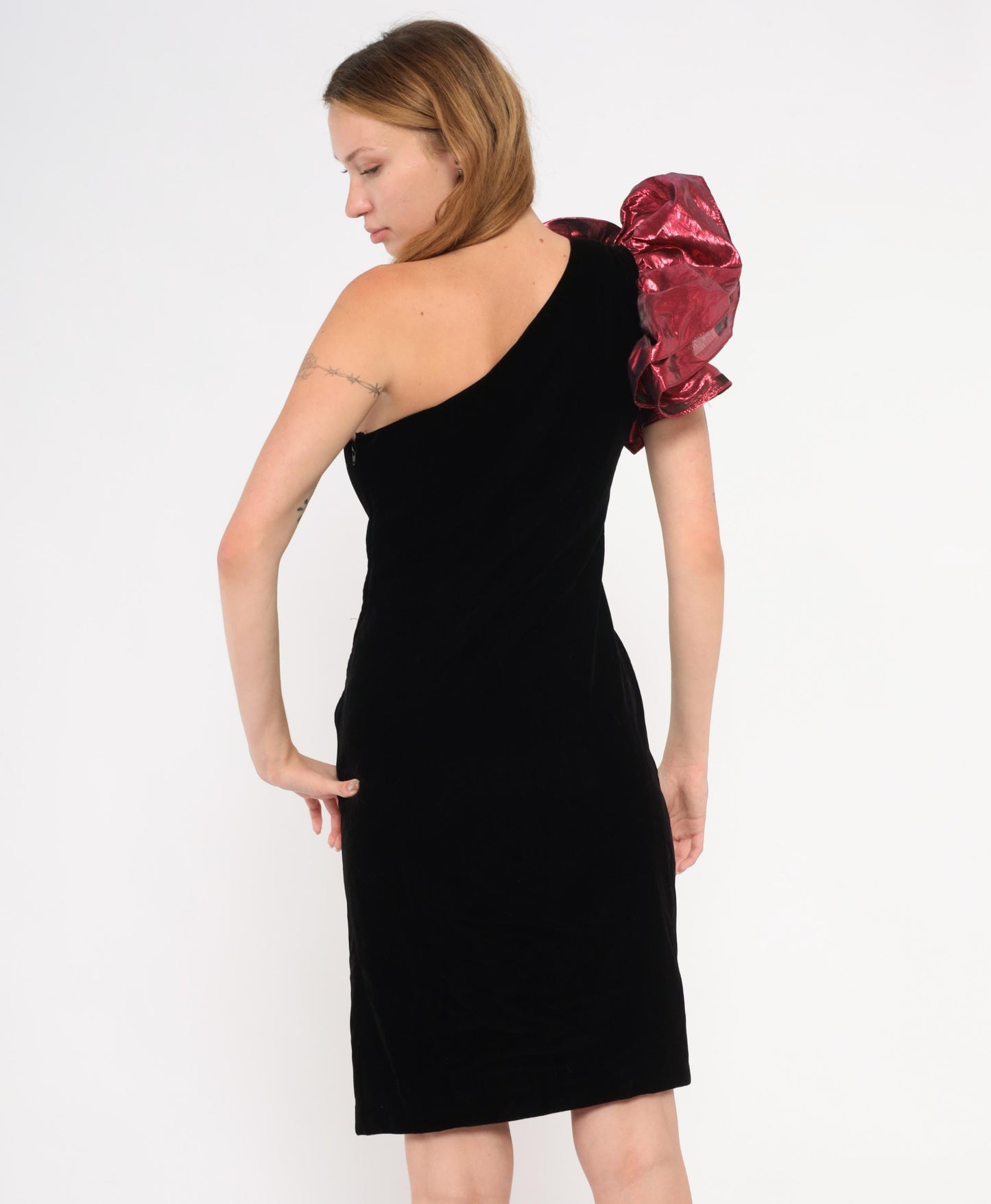 90s ZumZum Black Velvet One-Shoulder Cocktail Dress Burgundy Rosette Small