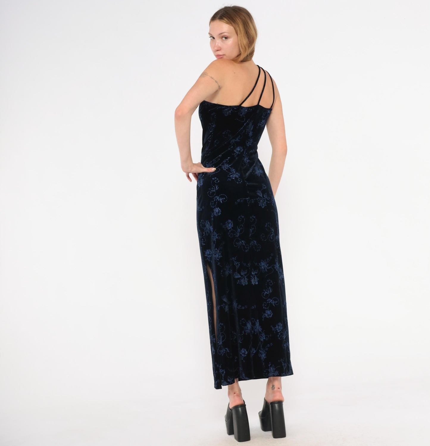 90s Pulse Navy Velvet Maxi Gown One-Shoulder Glitter Floral Asymmetric Slit Large L