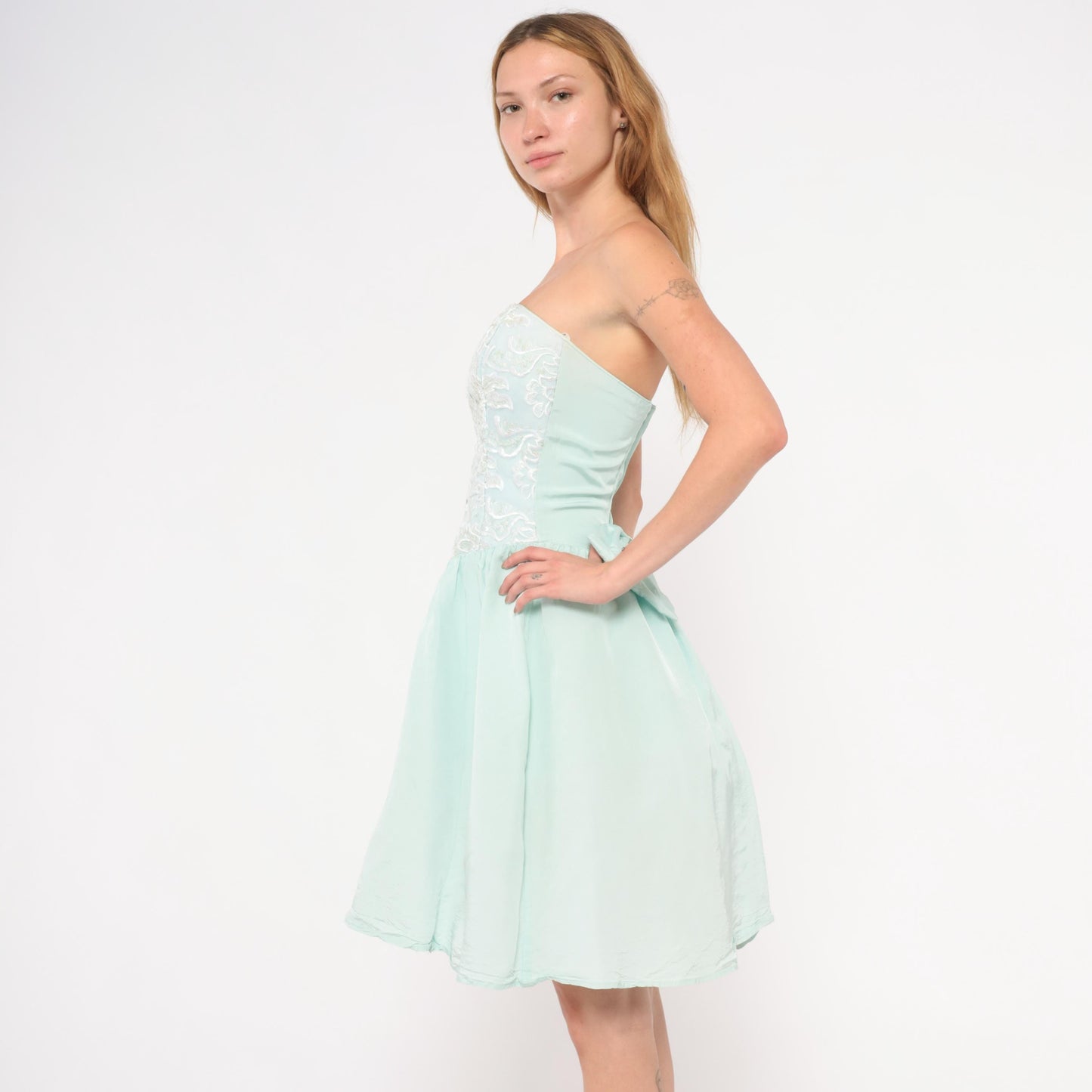 Gunne Sax 80s Mint Strapless Dress Sequin Lace Sweetheart Neckline Knee Length Extra Small XS