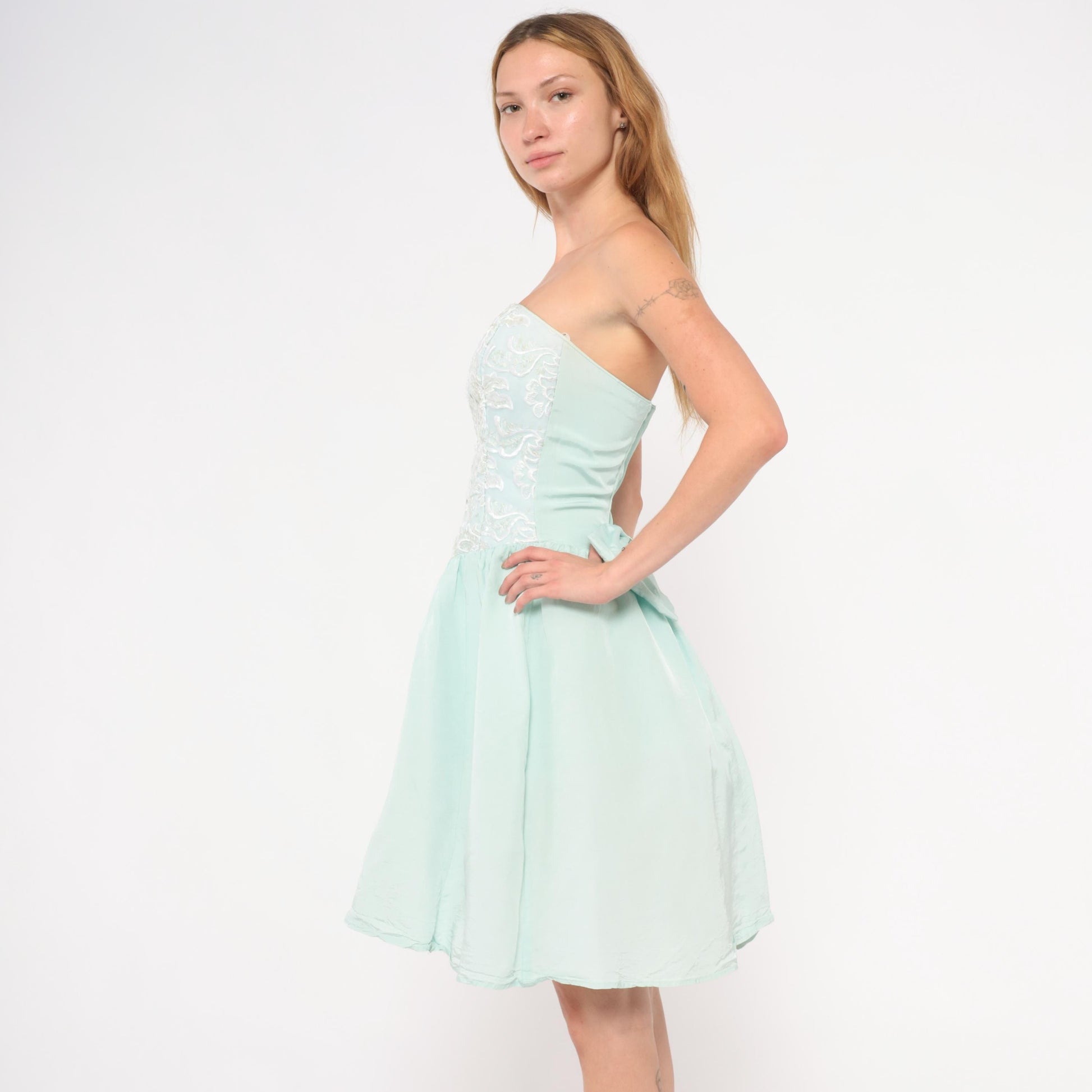 Gunne Sax 80s Mint Strapless Dress Sequin Lace Sweetheart Neckline Knee Length Extra Small XS