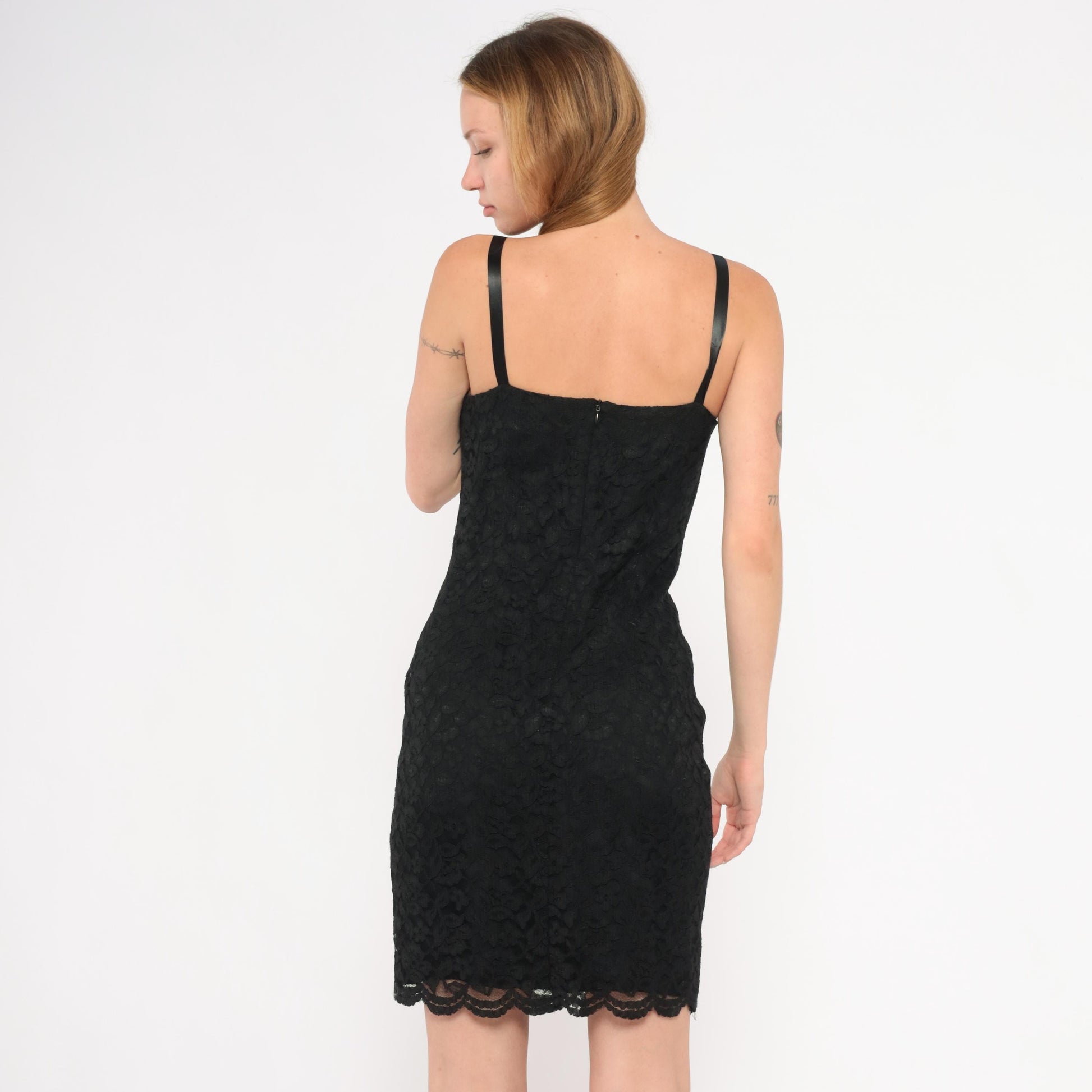 90s Julie Laurie Black Lace Slip Dress Scalloped Hem Spaghetti Strap Extra Small XS
