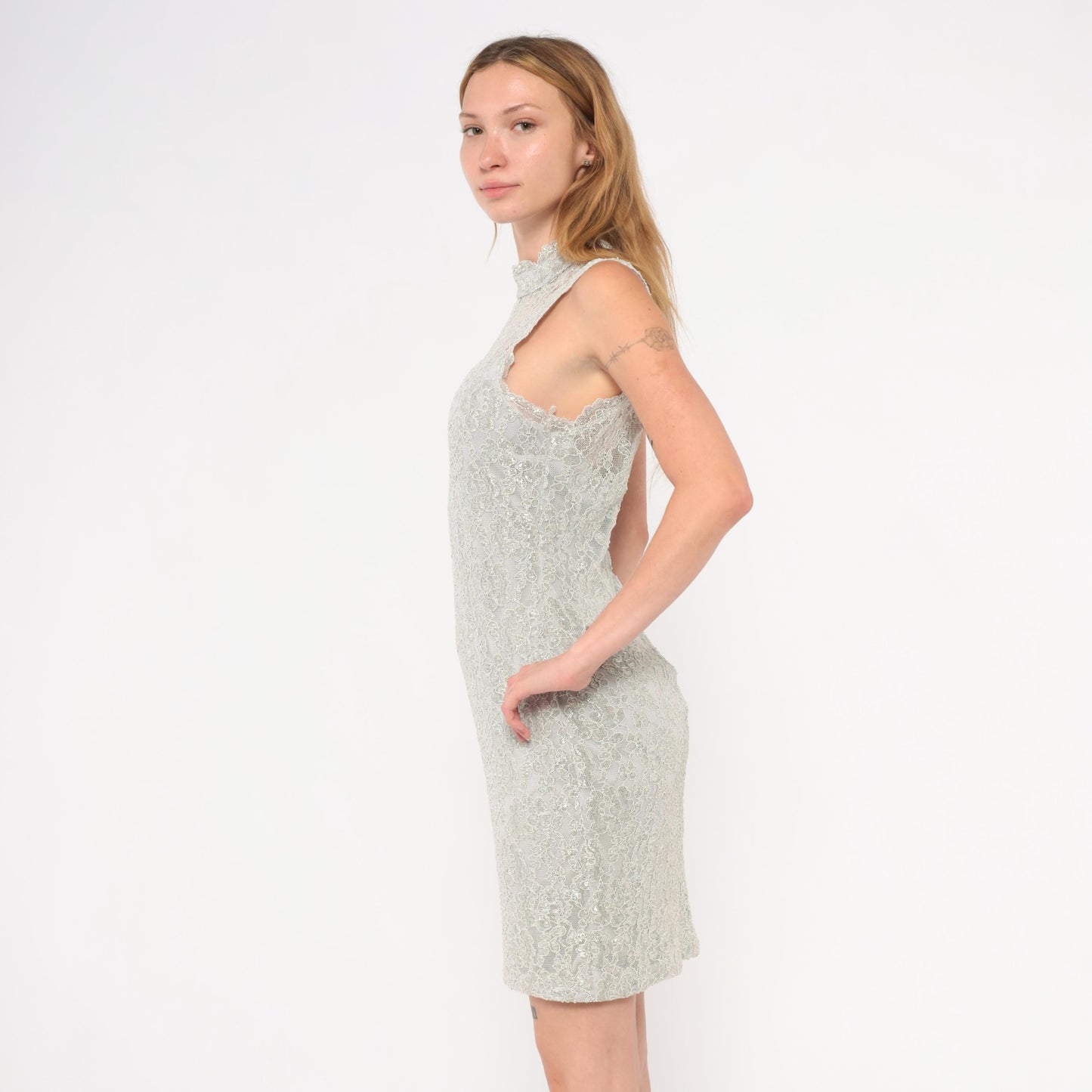 90s Silver Lace Mini Dress Nite Scarlet Mock Neck Metallic Floral Small Medium