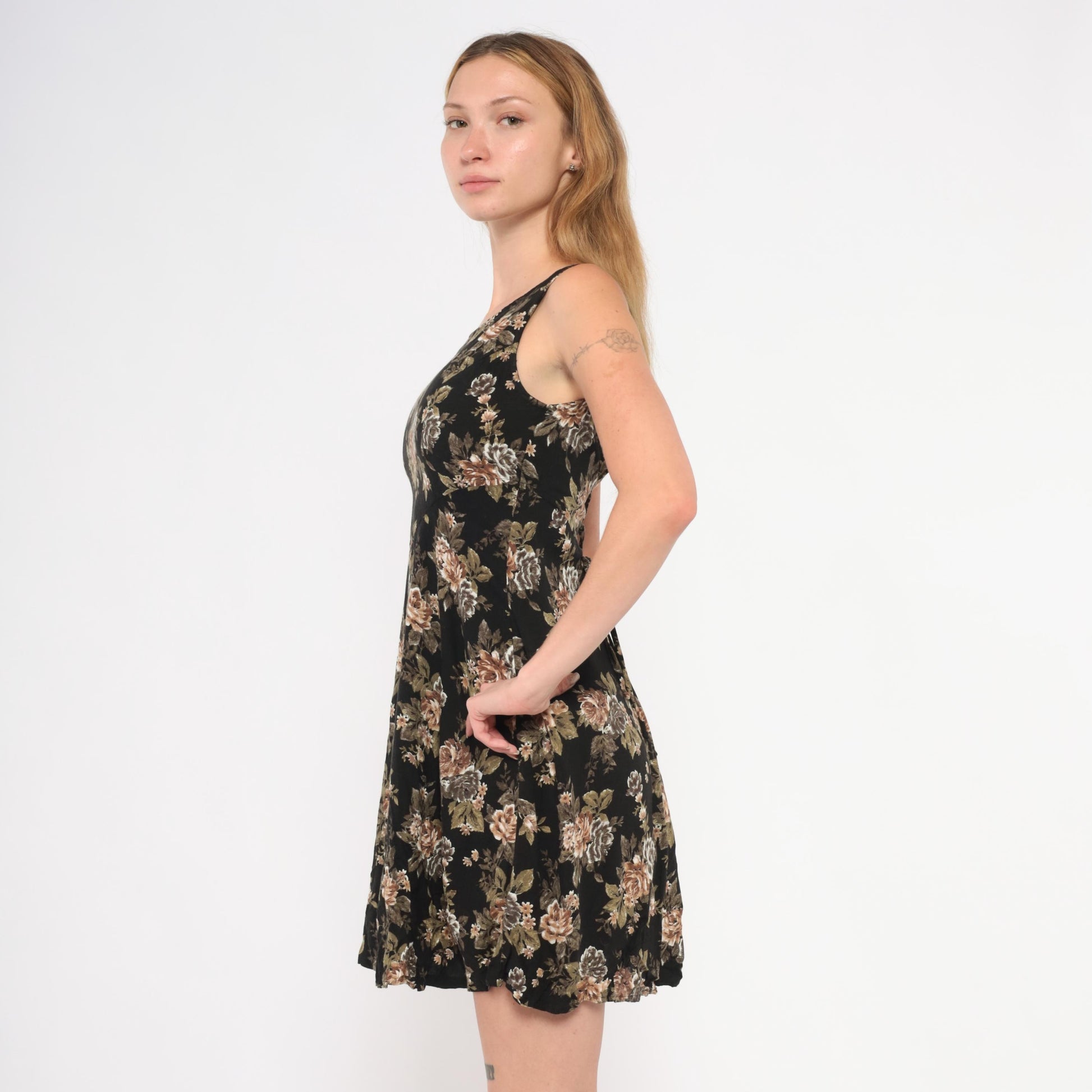 90s All That Jazz Floral Mini Dress Black Rose Print Sleeveless Small S