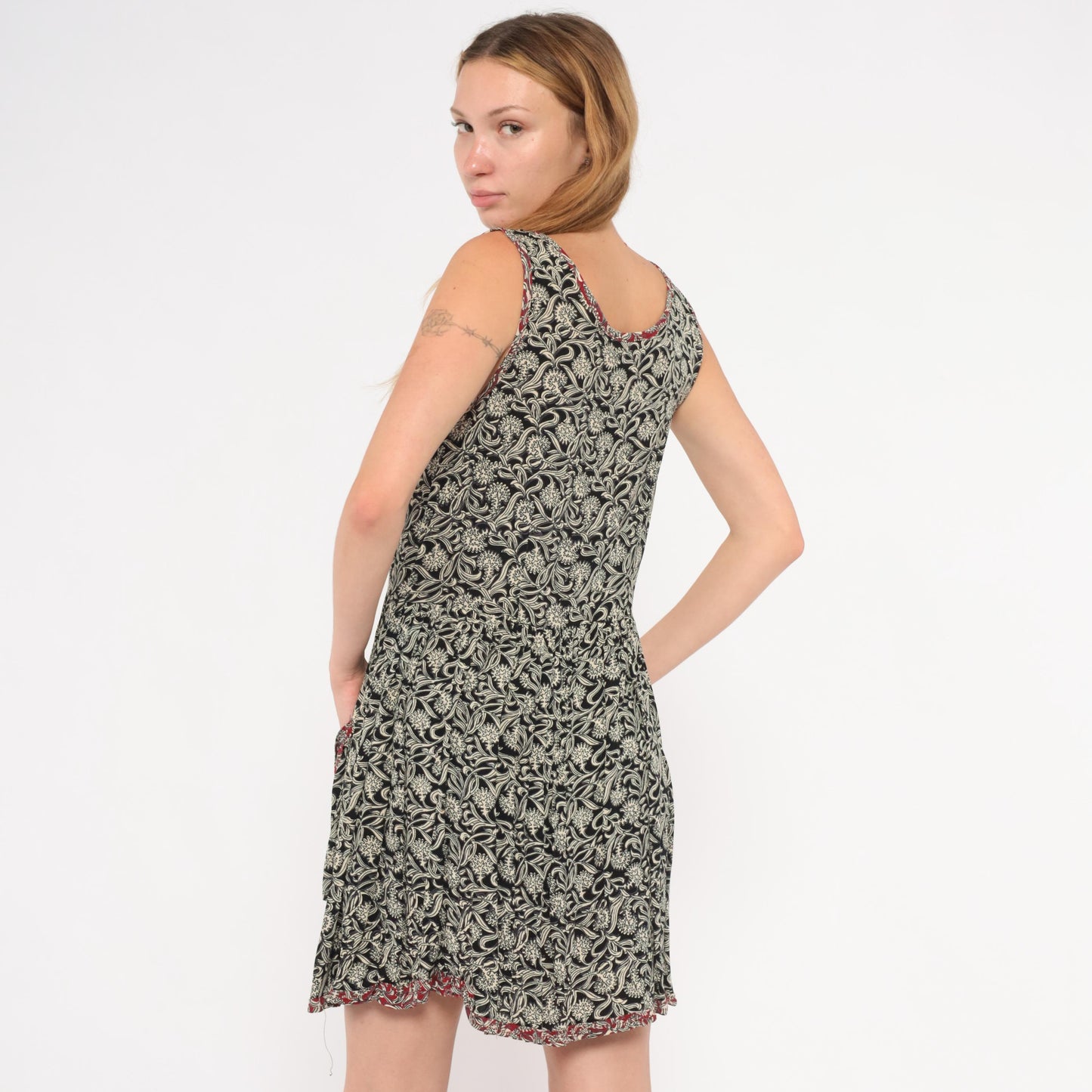90s Black Floral Tank Dress Mini Red Trim Patch Pockets Small S