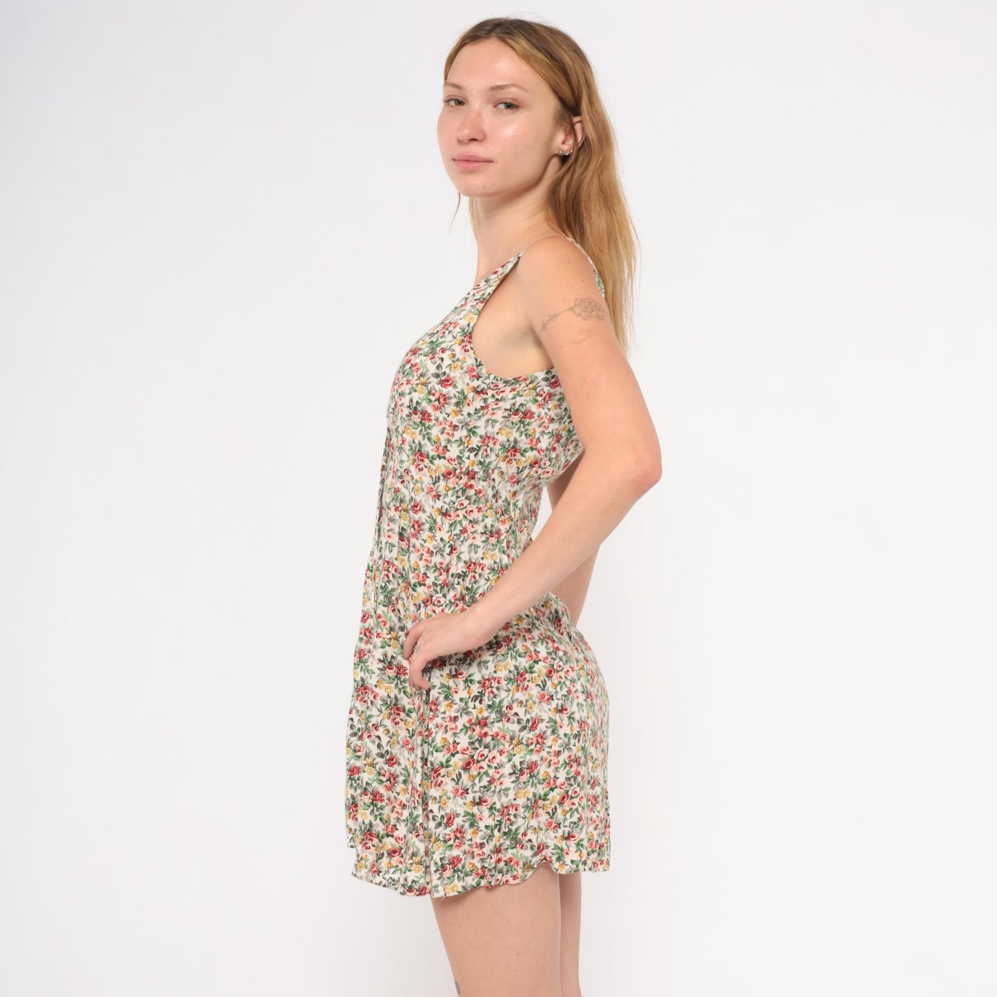 90s ViaMax Floral Mini Dress Button Front Tank Cream Rose Print Small S