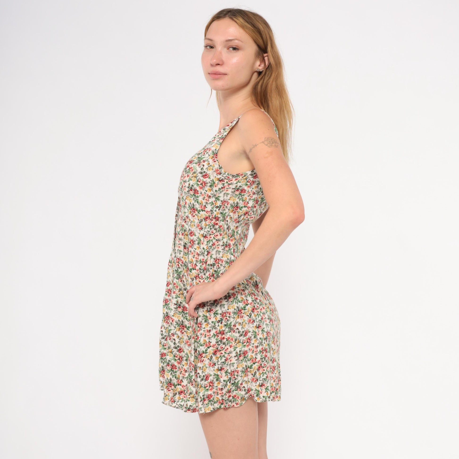 90s ViaMax Floral Mini Dress Button Front Tank Cream Rose Print Small S