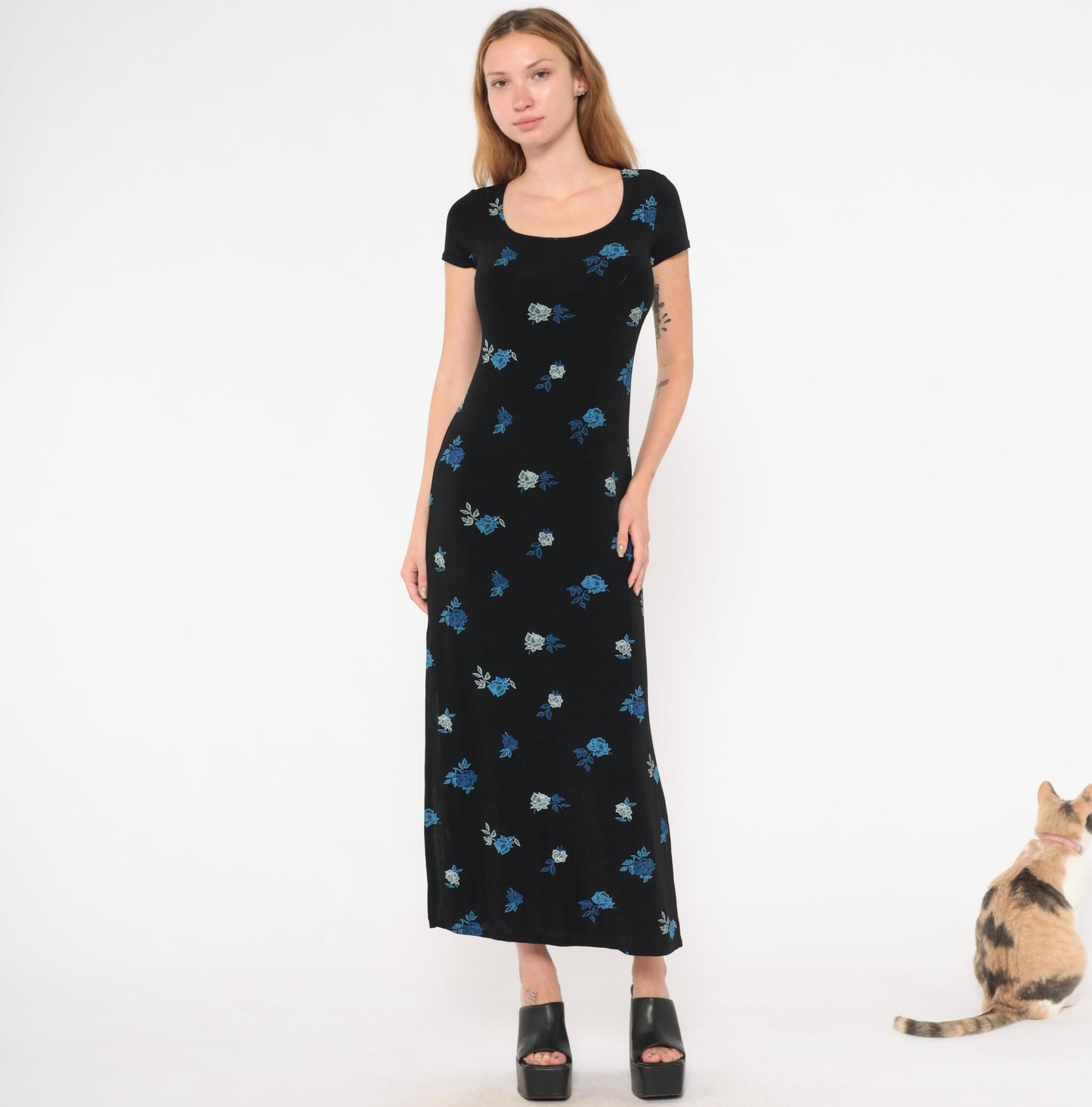 90s Jalate Black Floral Maxi Dress Blue Rose Print Side Slit Medium