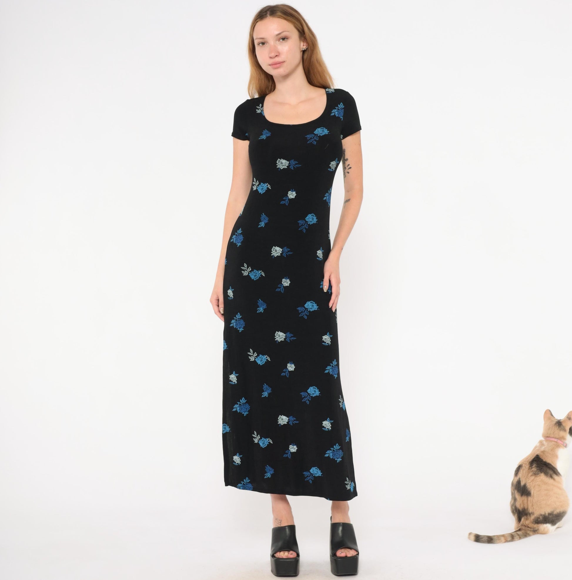 90s Jalate Black Floral Maxi Dress Blue Rose Print Side Slit Medium