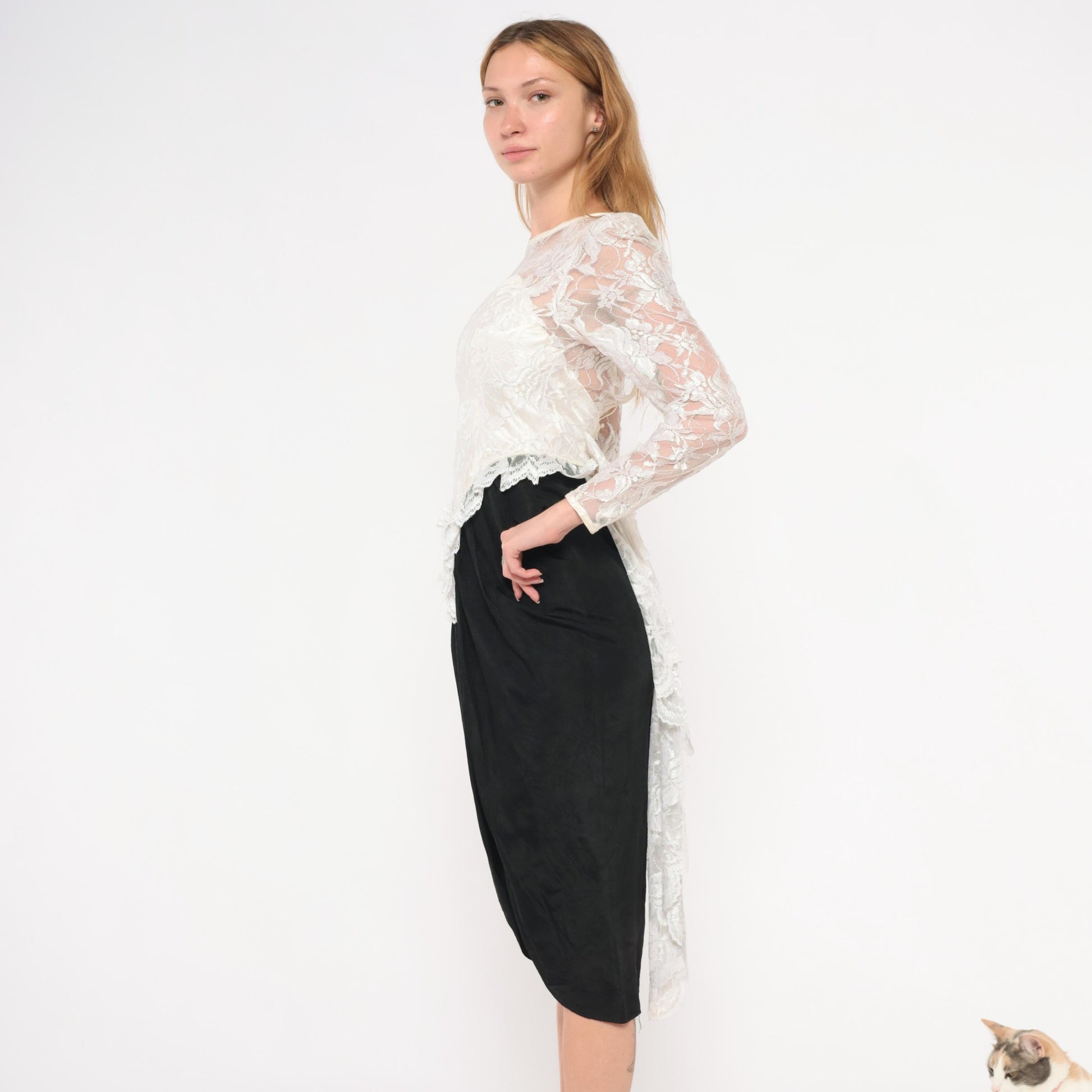 90s Black Ivory Lace Sweetheart Midi Dress Sheer Bustle Satin Pencil Skirt XS