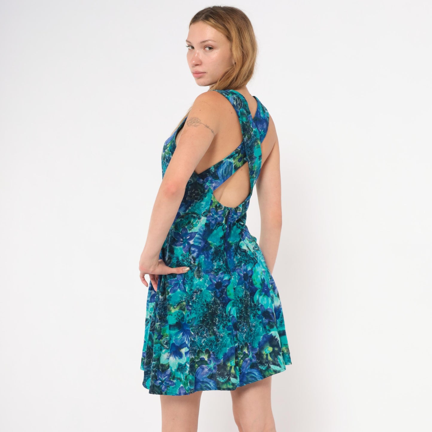 90s All That Jazz Floral Crossback Mini Dress Teal Sweetheart Neckline Small