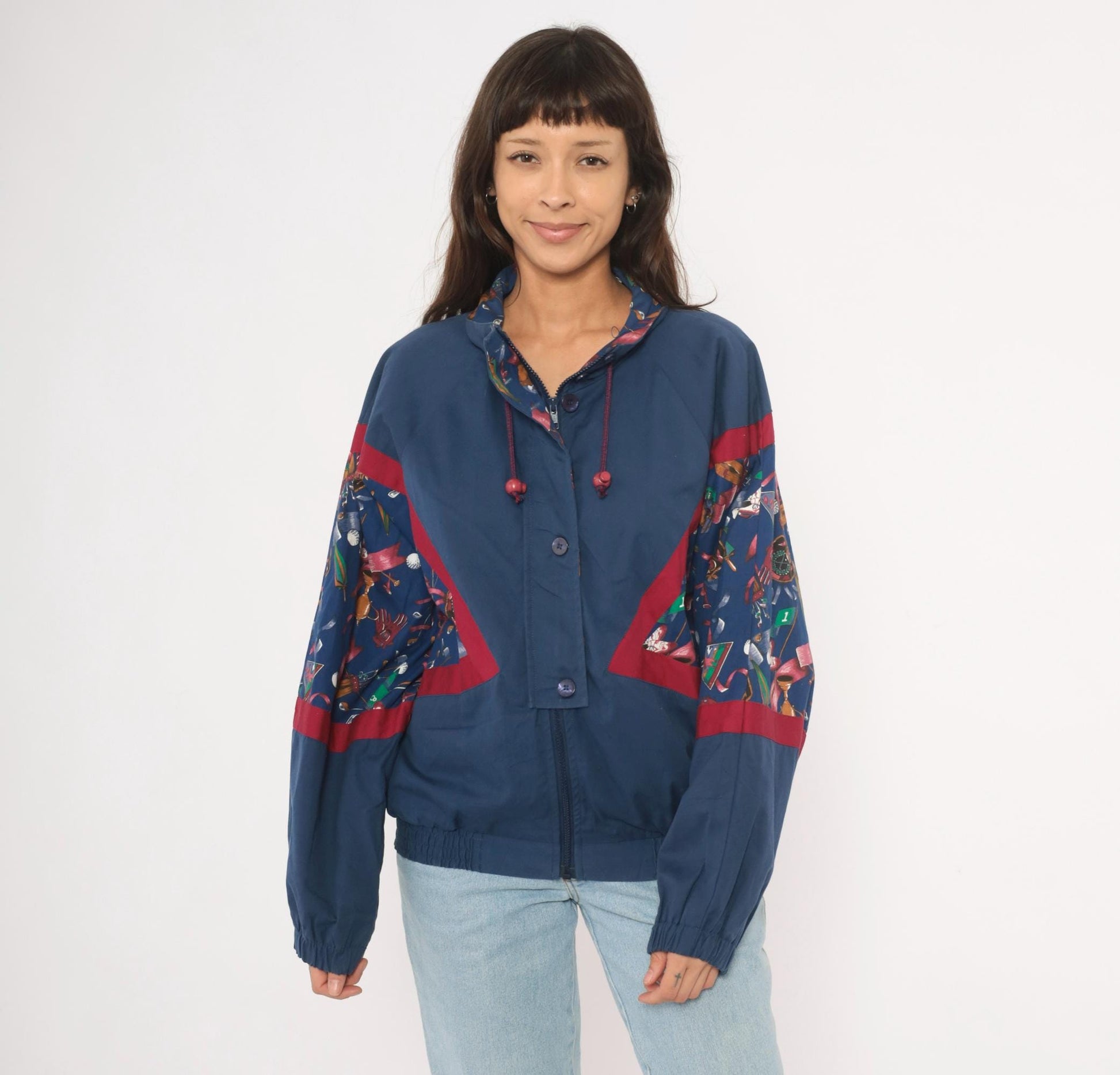 90s Line-Up Golf Print Windbreaker Navy Nylon Jacket Red Color Block Medium