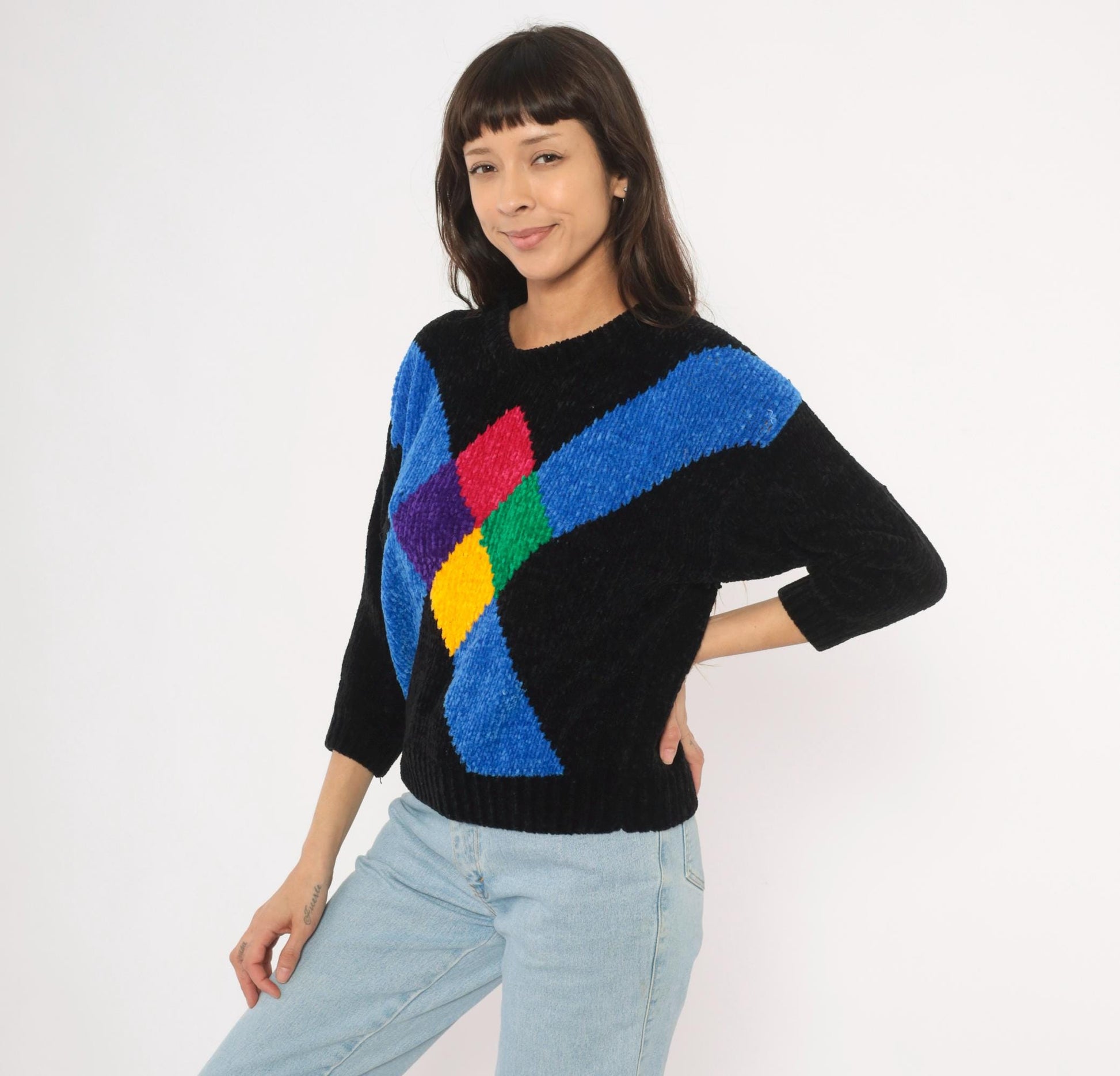 80s Cristina's Argyle Chenille Knit Pullover Black Multicolor Small