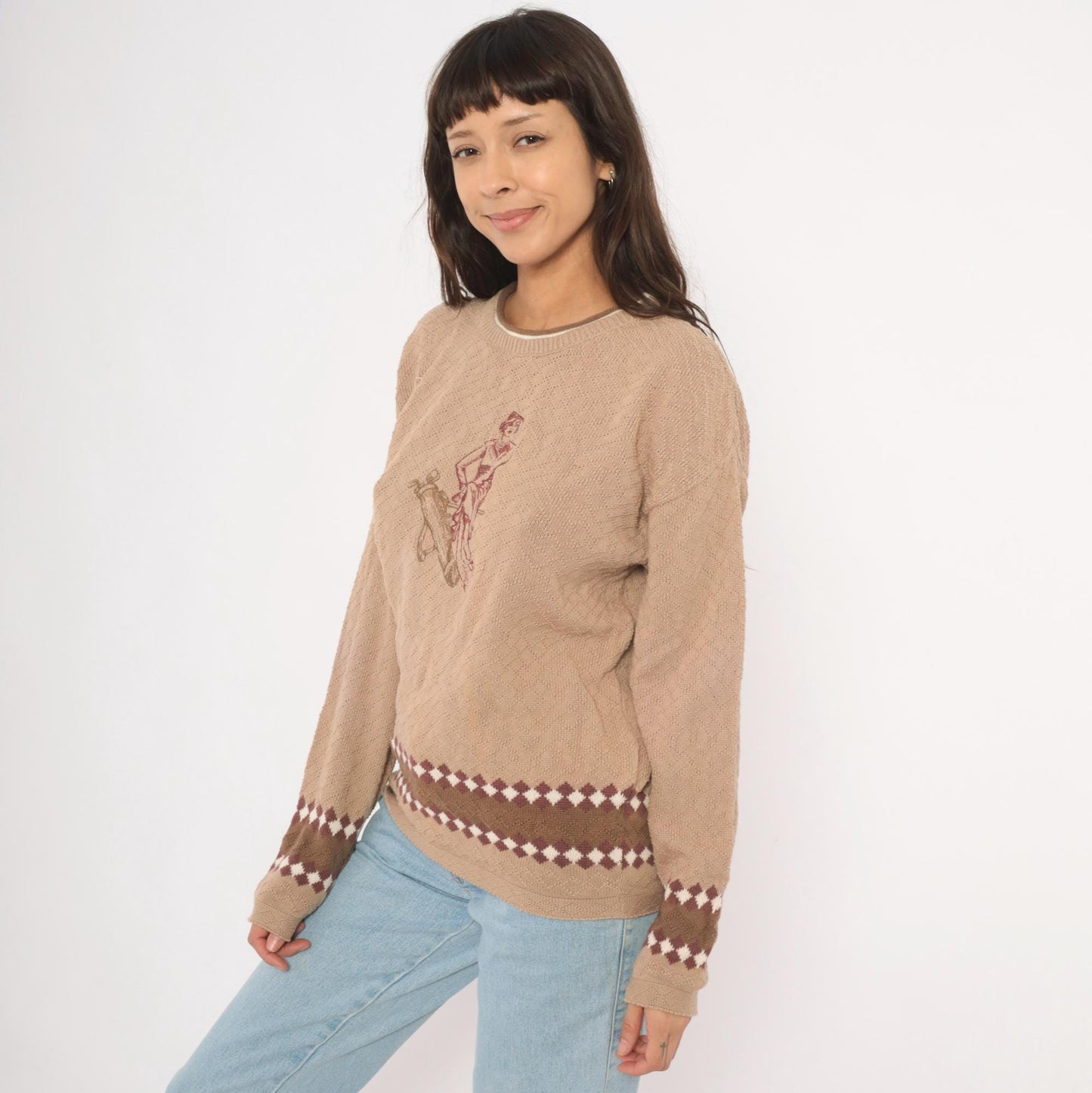 80s Pacific Coast Golf Embroidered Argyle Sweater Tan Crewneck Cotton Medium M