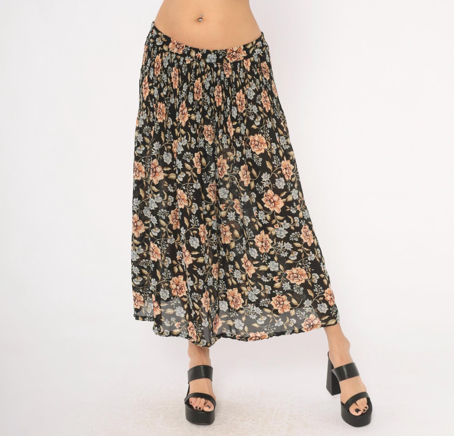 90s Sag Harbor Floral Maxi Skirt Black Peach Periwinkle Medium