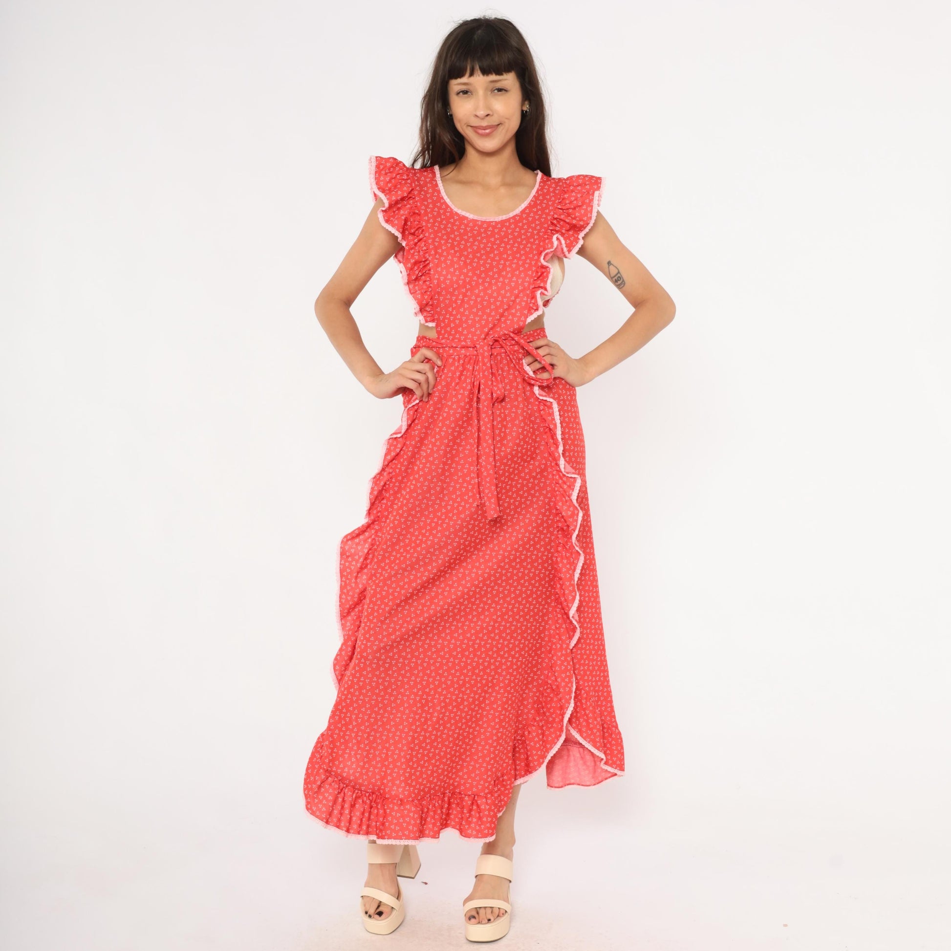 70s Gay Gibson Red Calico Maxi Dress Flutter Sleeve Lace Trim Small
