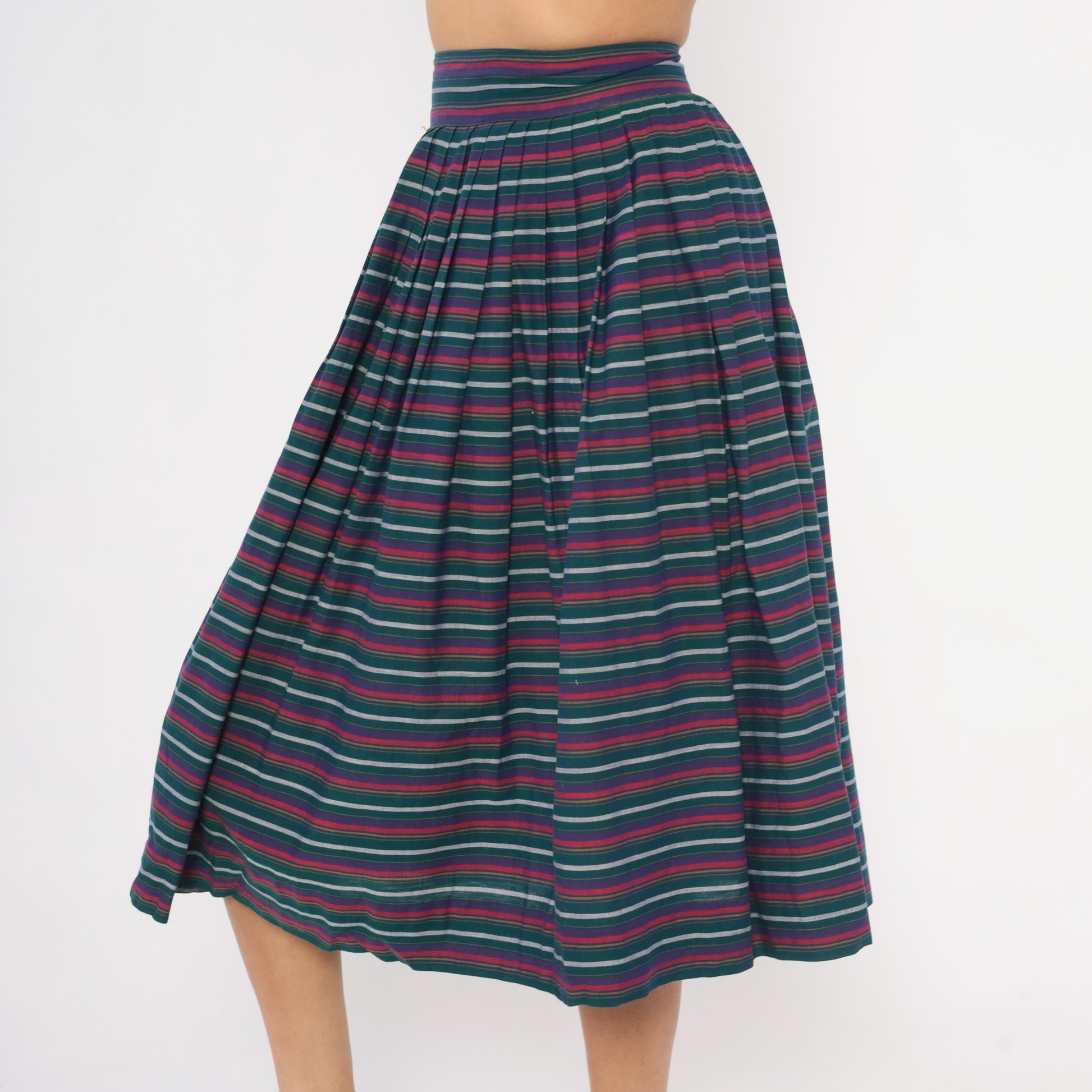 60s Striped Pleated Midi Skirt Teal Burgundy Navy High Waist Cotton Small