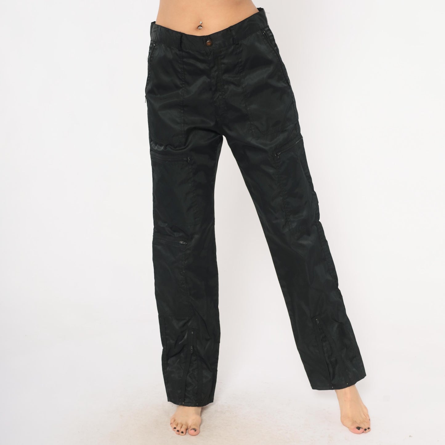 Y2K Black Nylon Cargo Pants Graffiti Low Rise Straight Leg Utility 32 Medium