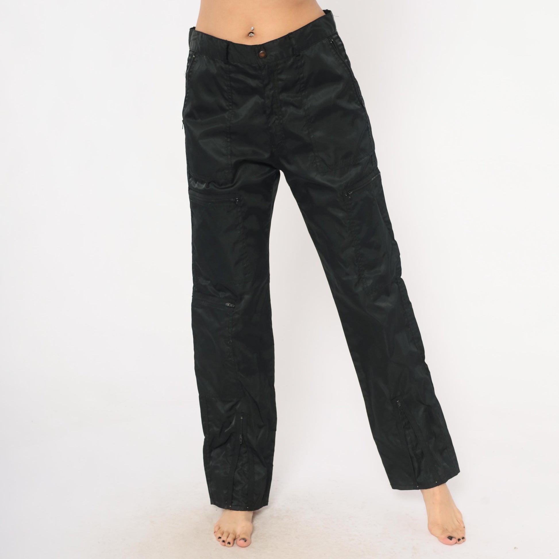 Y2K Black Nylon Cargo Pants Graffiti Low Rise Straight Leg Utility 32 Medium