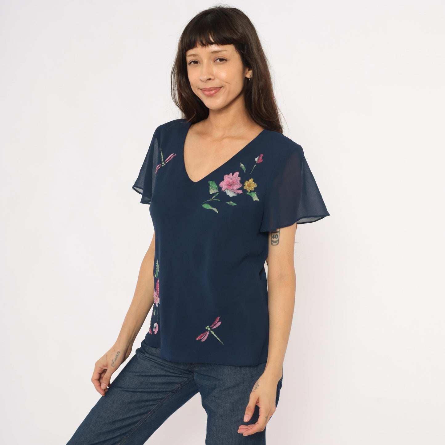 90s Karin Stevens Navy Floral Dragonfly Chiffon Blouse Flutter Sleeve Large L
