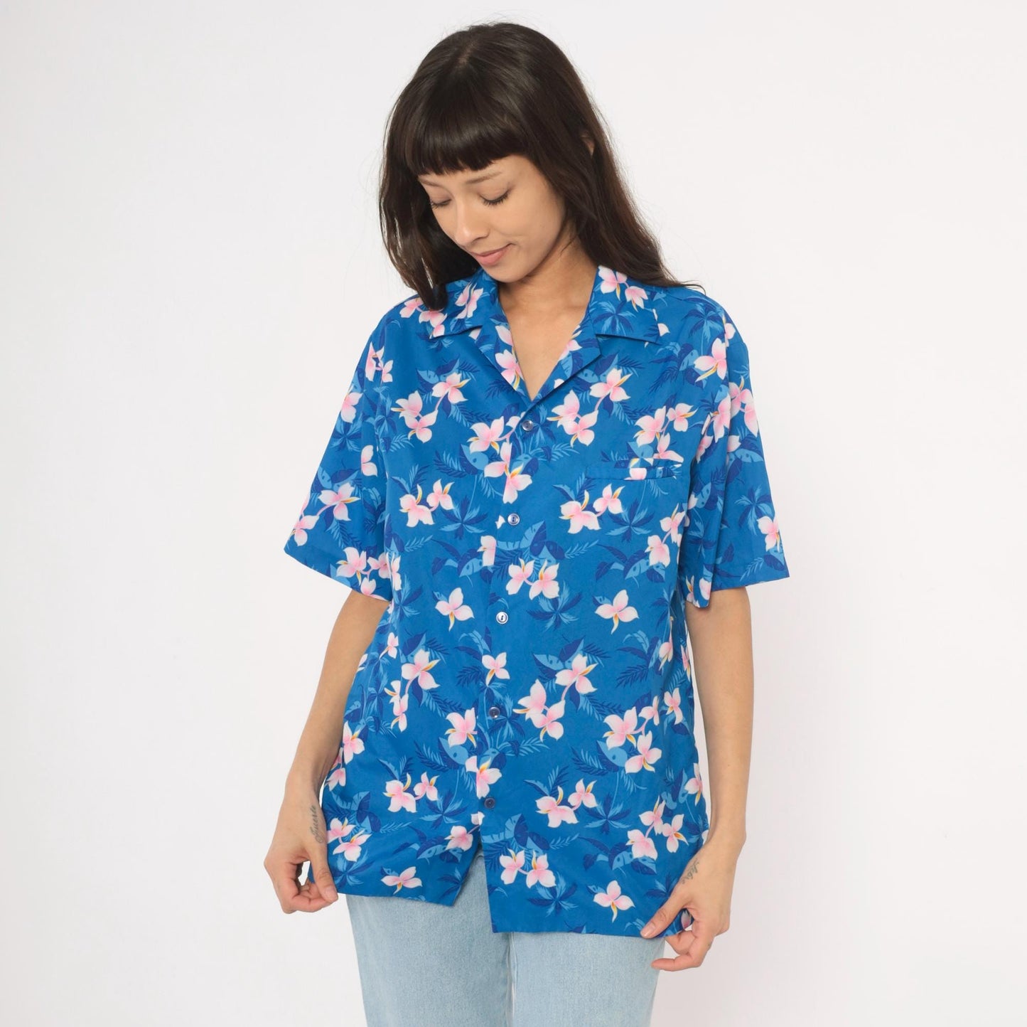 90s Hilo Hatties Hawaiian Shirt Blue Plumeria Floral Camp Collar Medium M