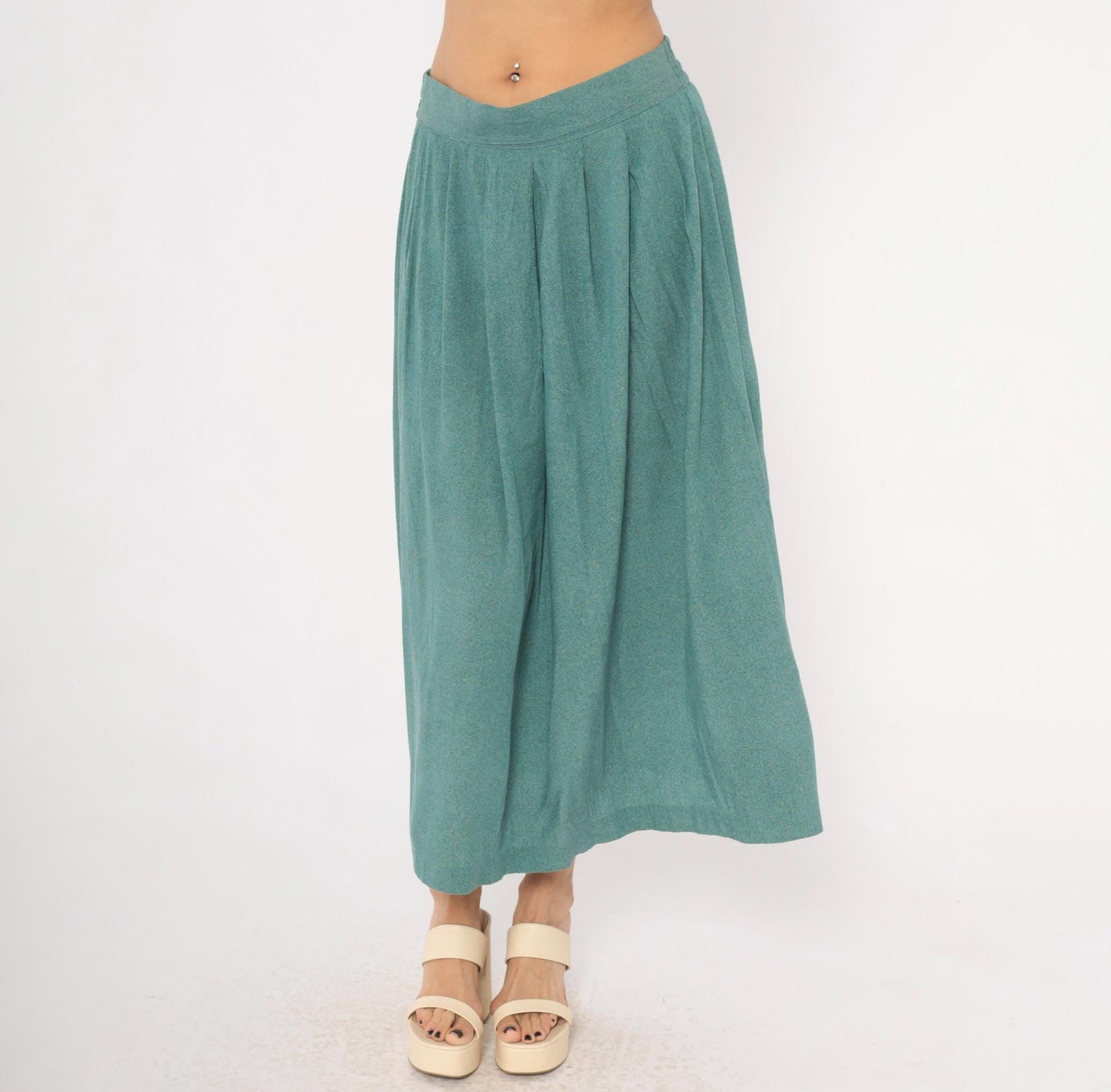80s Norton Mcnaughton Teal Pleated Midi Skirt High Waist A-Line Medium