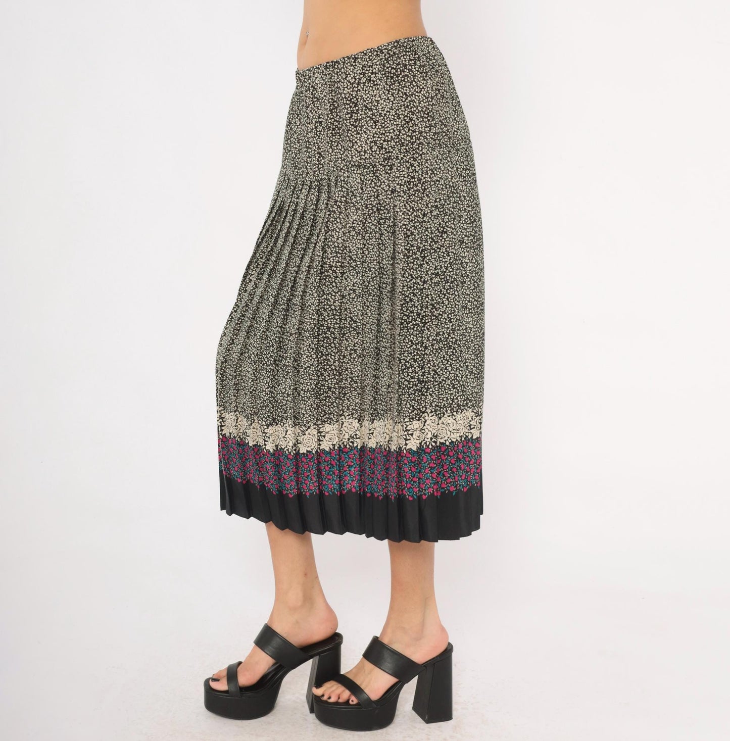 80s Floral Border Midi Skirt Black Cream Rose Pink Teal Pleated Medium Large