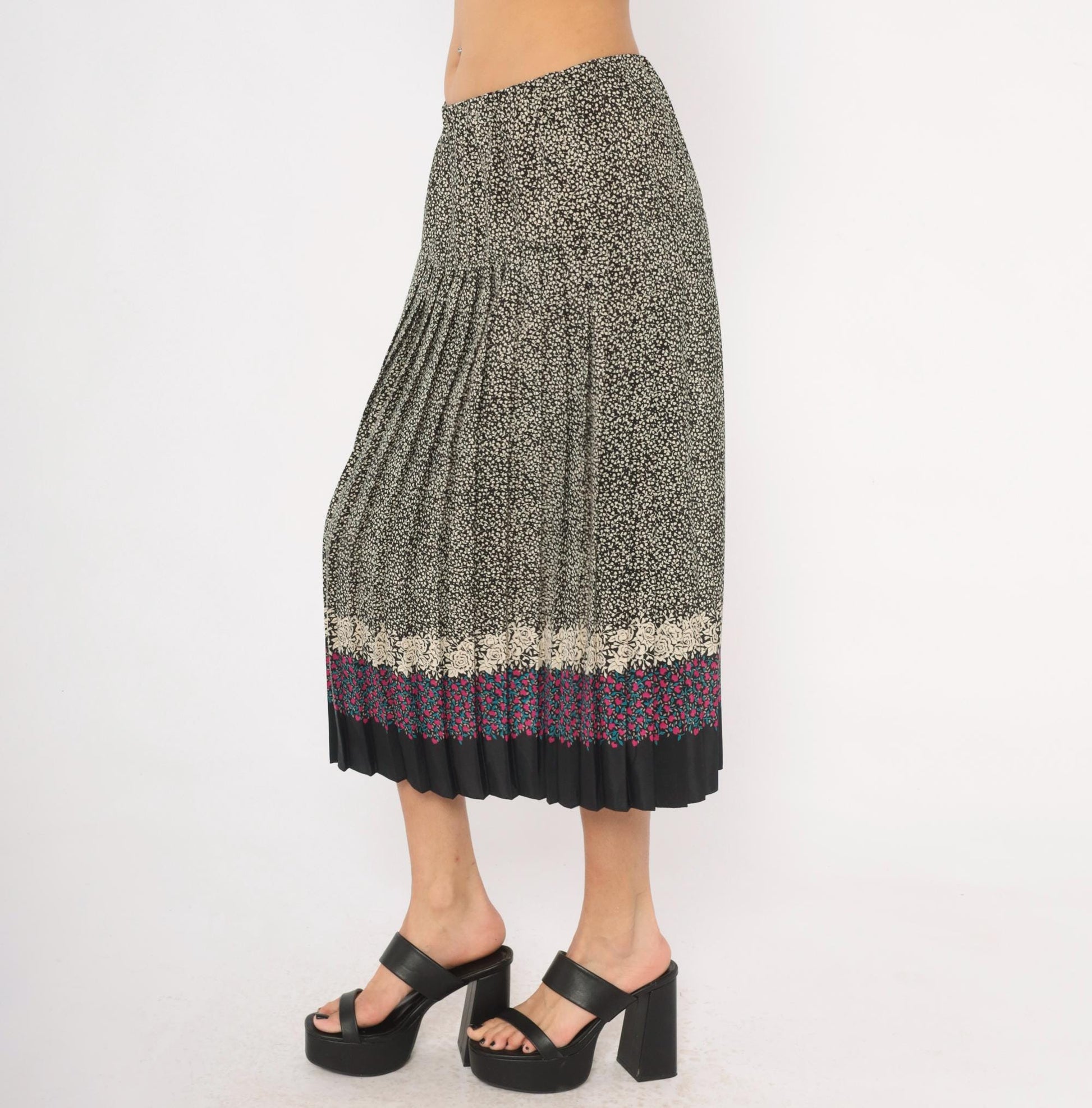 80s Floral Border Midi Skirt Black Cream Rose Pink Teal Pleated Medium Large