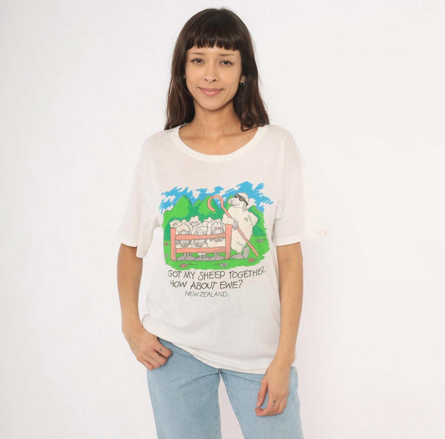 90s New Zealand Sheep Pun Graphic Tee White Cotton Scoop Neck Medium