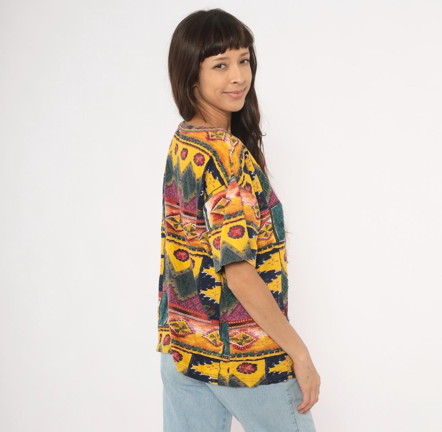 90s Gee J Southwestern Geometric Cotton Tee Multicolor Tribal Patchwork Large L