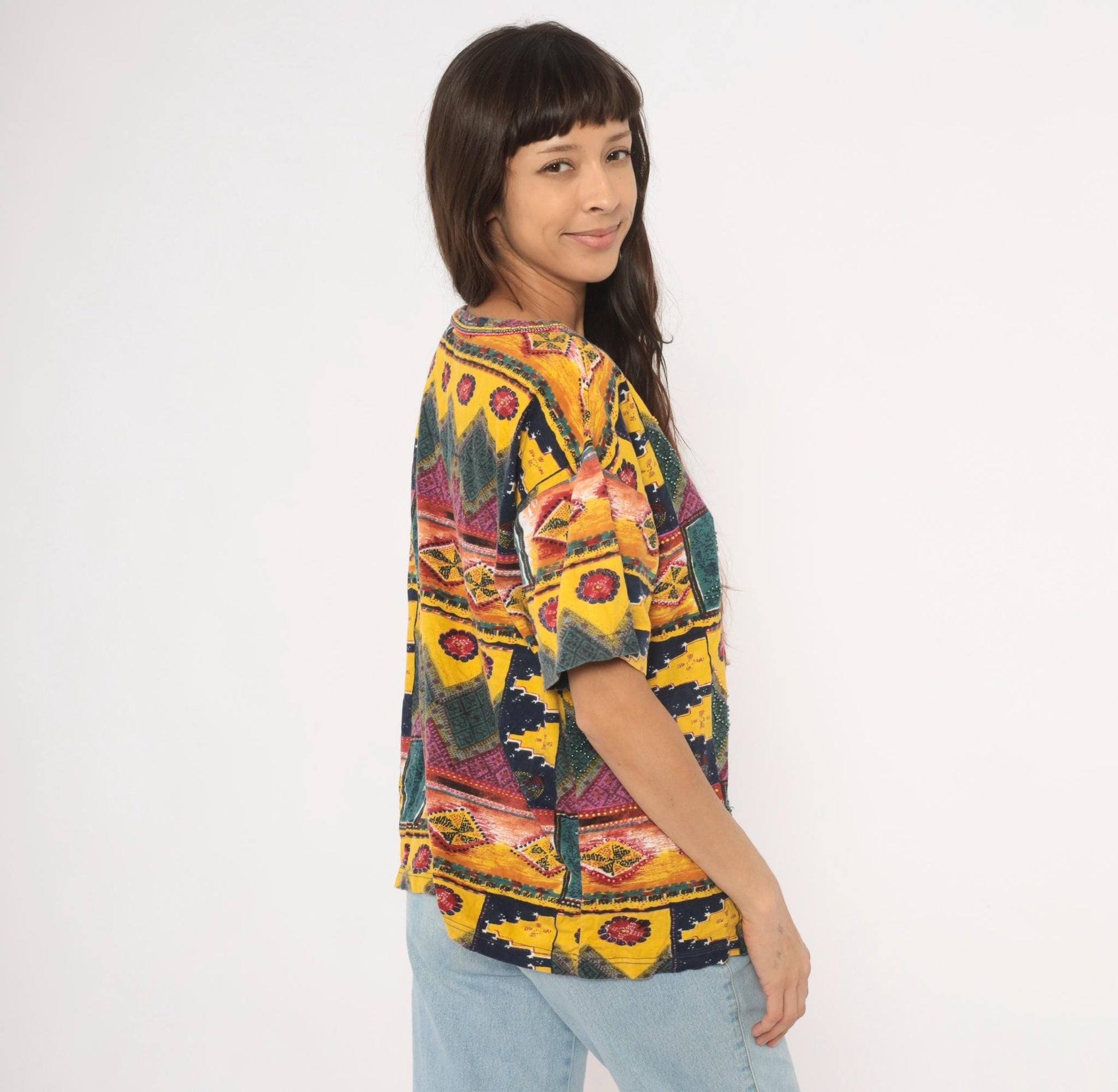90s Gee J Southwestern Geometric Cotton Tee Multicolor Tribal Patchwork Large L