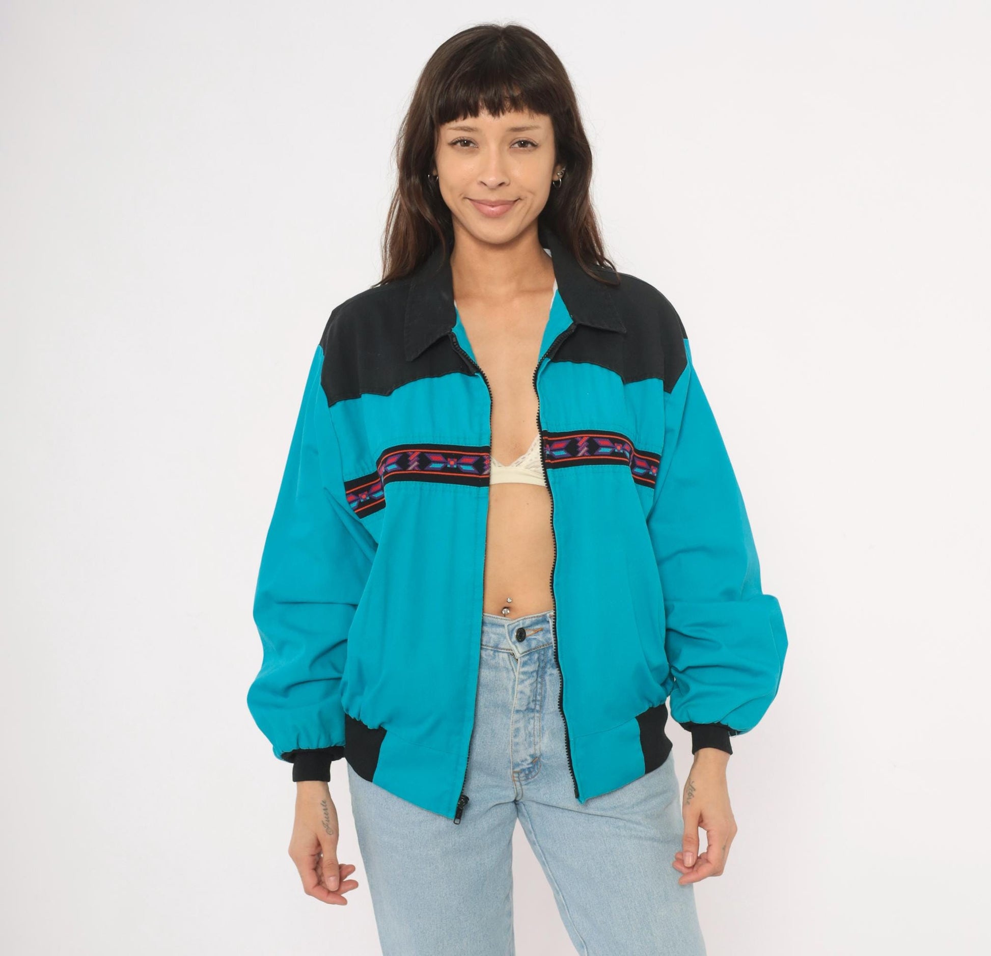 90s Santa Fe Trail Southwestern Bomber Jacket Teal Black Western Yoke Medium