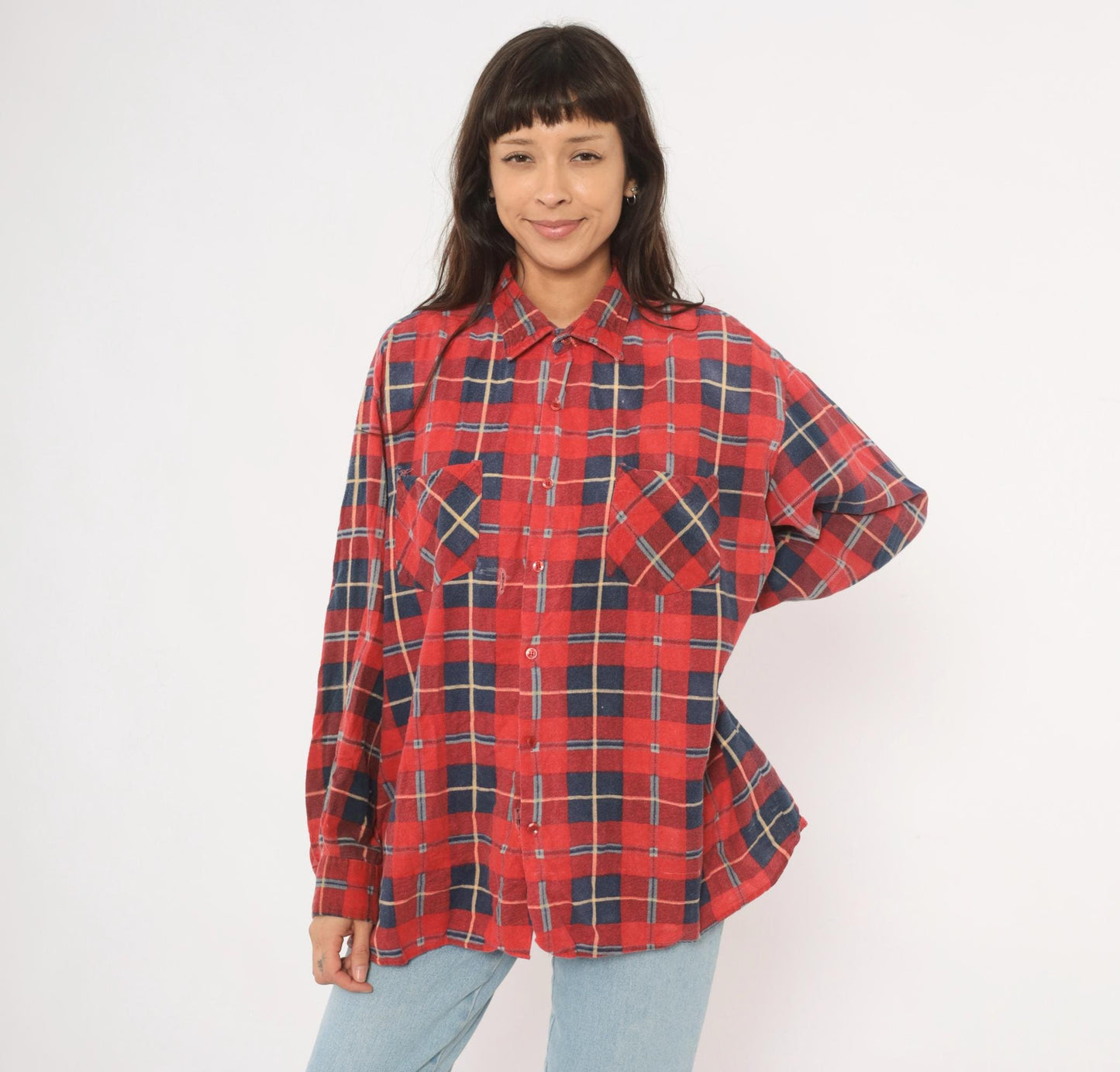 90s Saugatuck Red Navy Plaid Flannel Shirt Cotton Point Collar Extra Large XL