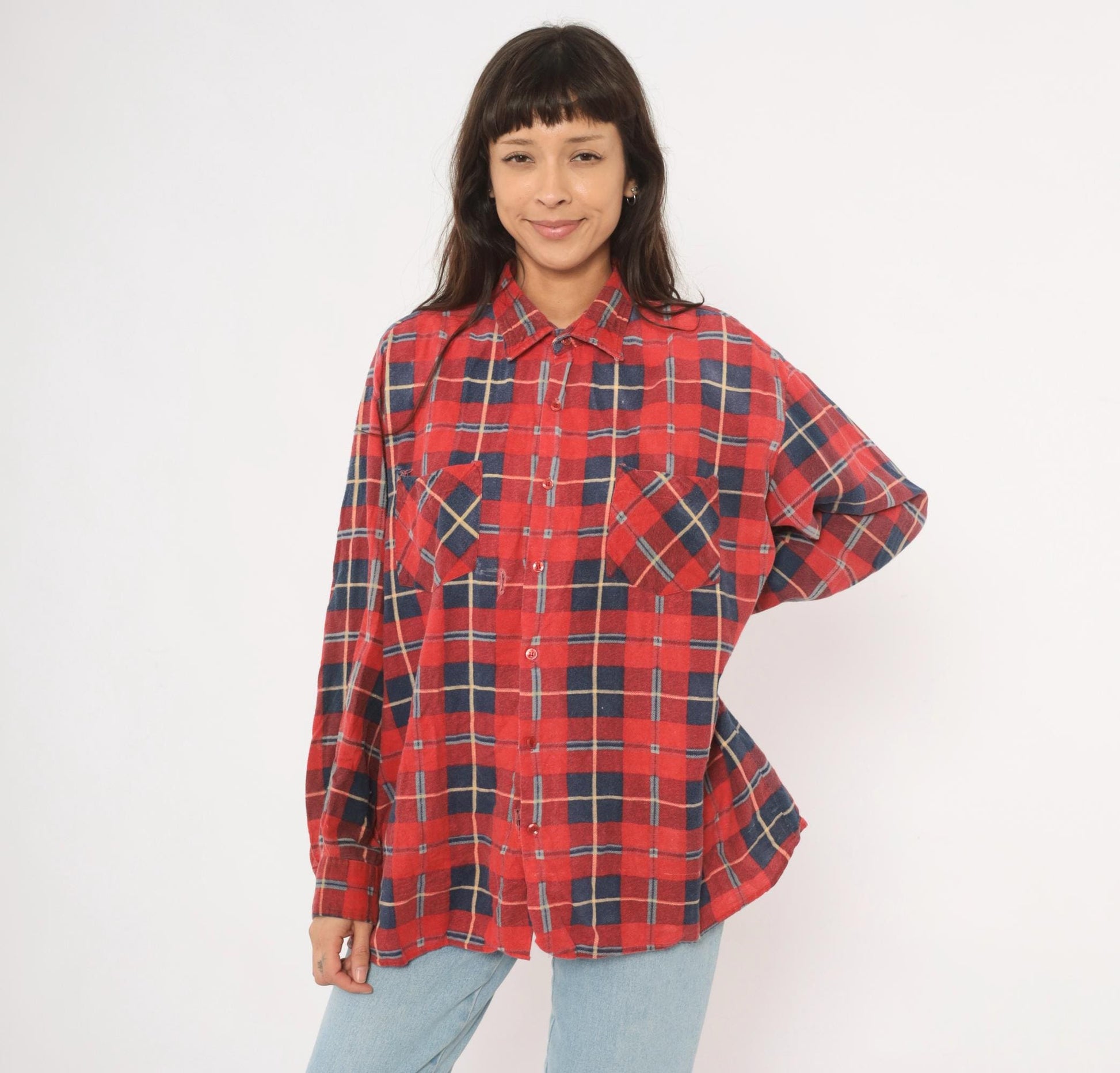 90s Saugatuck Red Navy Plaid Flannel Shirt Cotton Point Collar Extra Large XL