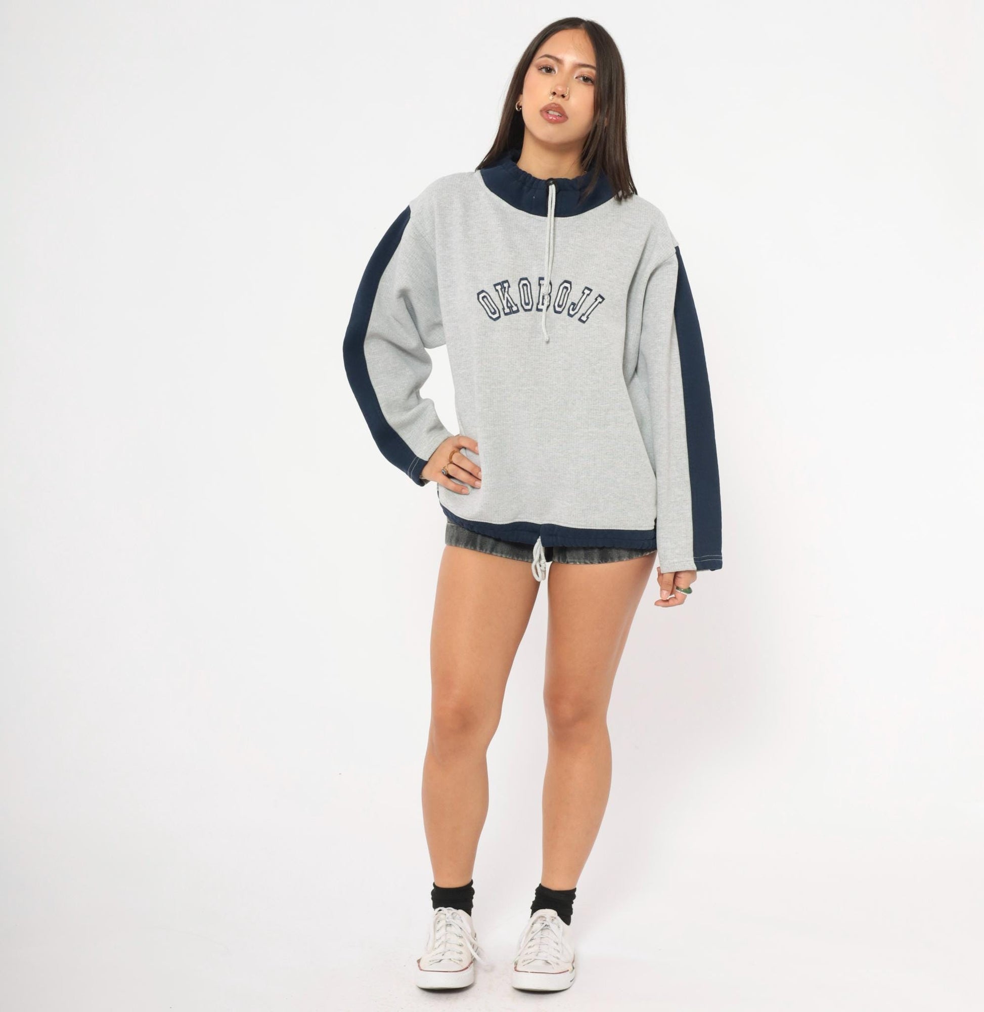 90s Renegade Club Okoboji Colorblock Sweatshirt Grey Navy Funnel Neck Large L