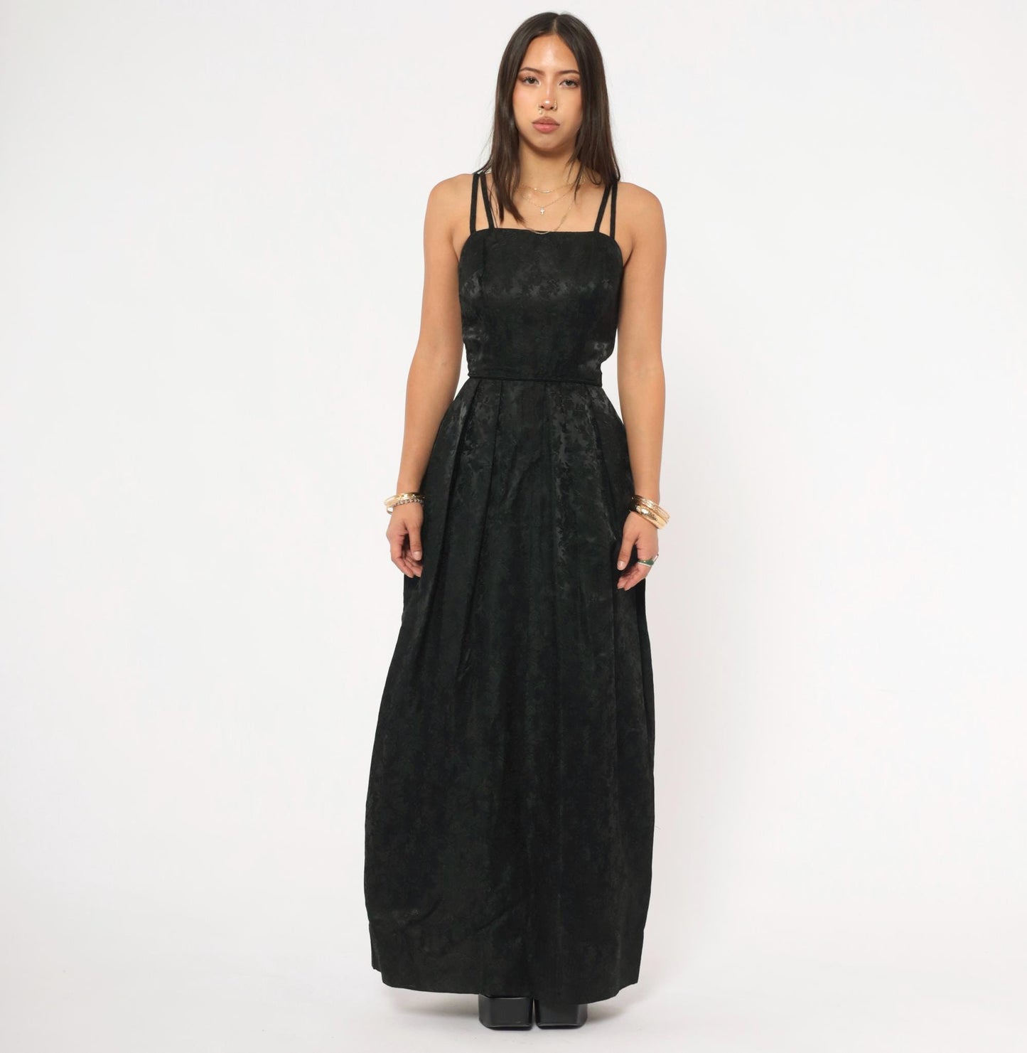 90s Black Jacquard Maxi Gown Double Strap Floral Brocade Floor Length Extra Small XS